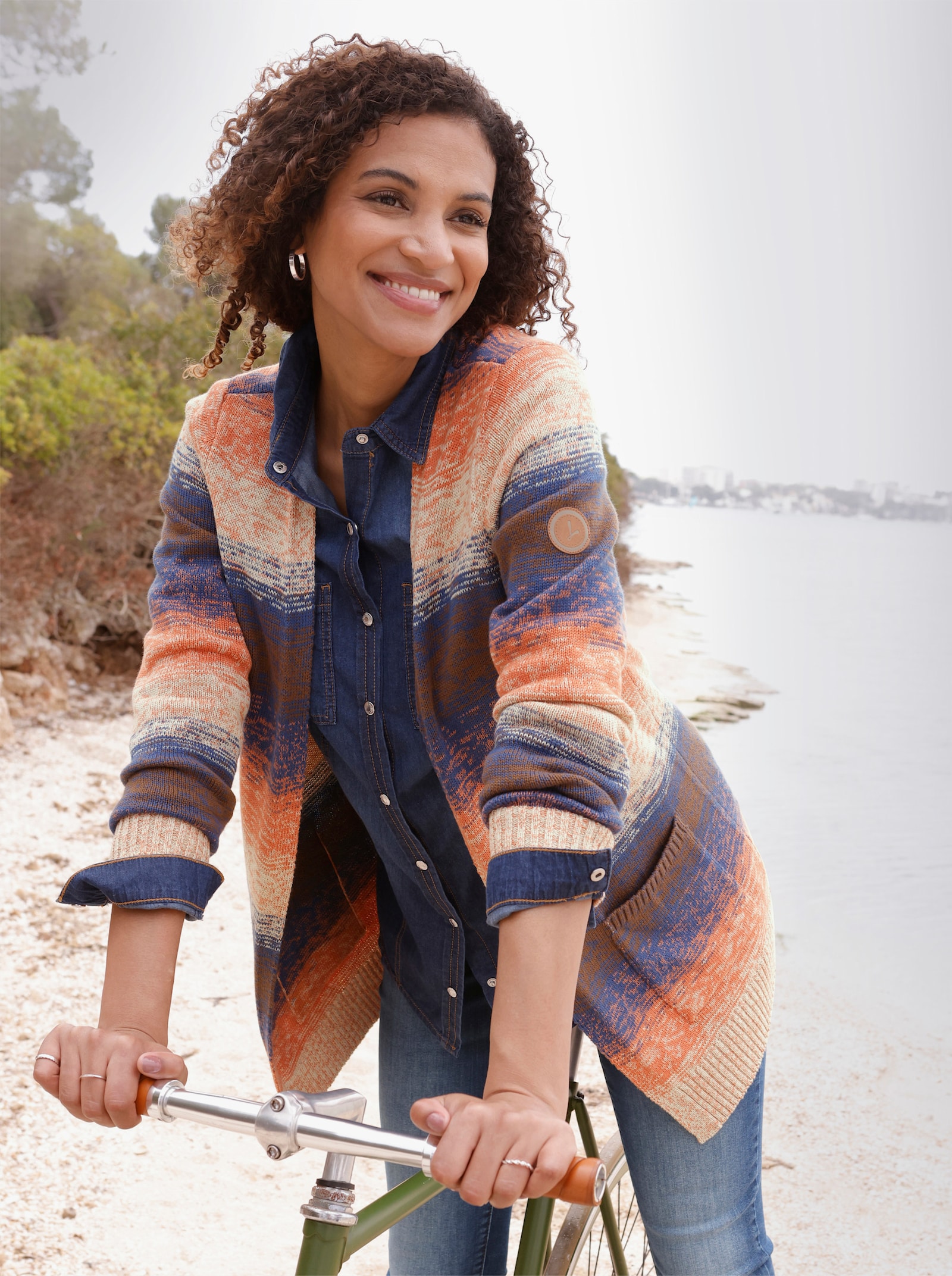  Longstrickjacke in verschlussloser Form - jeansblau-sand-meliert