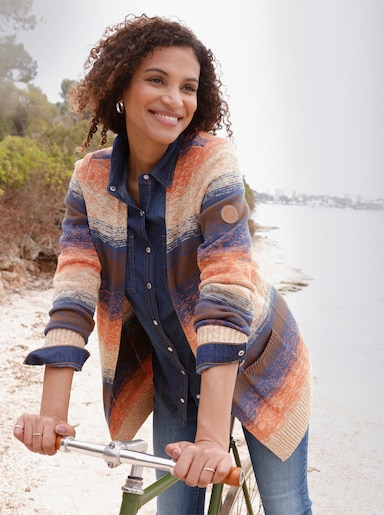 Longstrickjacke in verschlussloser Form - jeansblau-sand-meliert