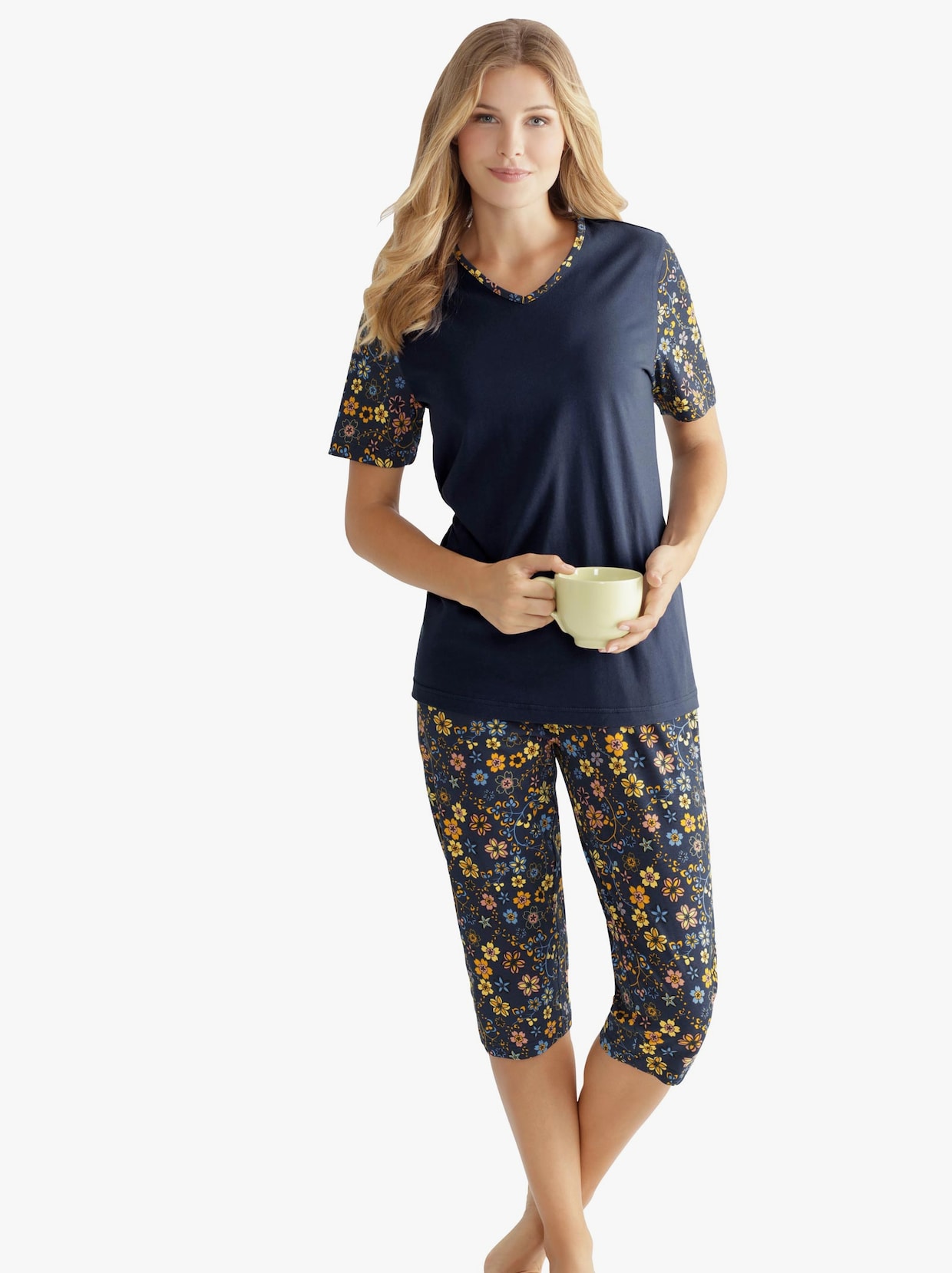 Pyjamas i caprimodell - mörkblå, tryckt