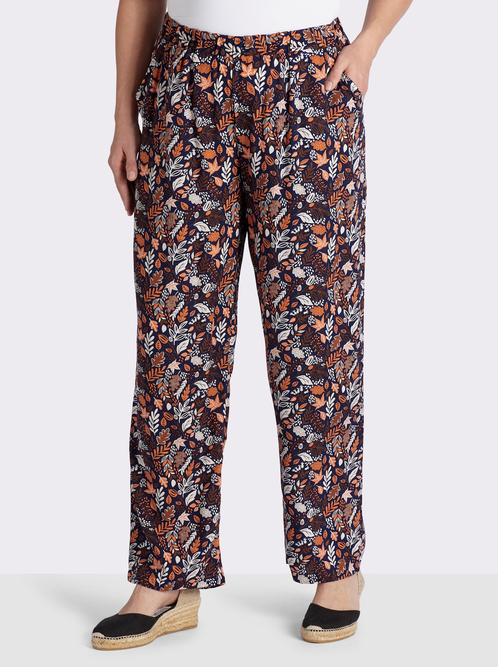 Schlupfhose mit Blätter-Druck - marine-papaya-bedruckt