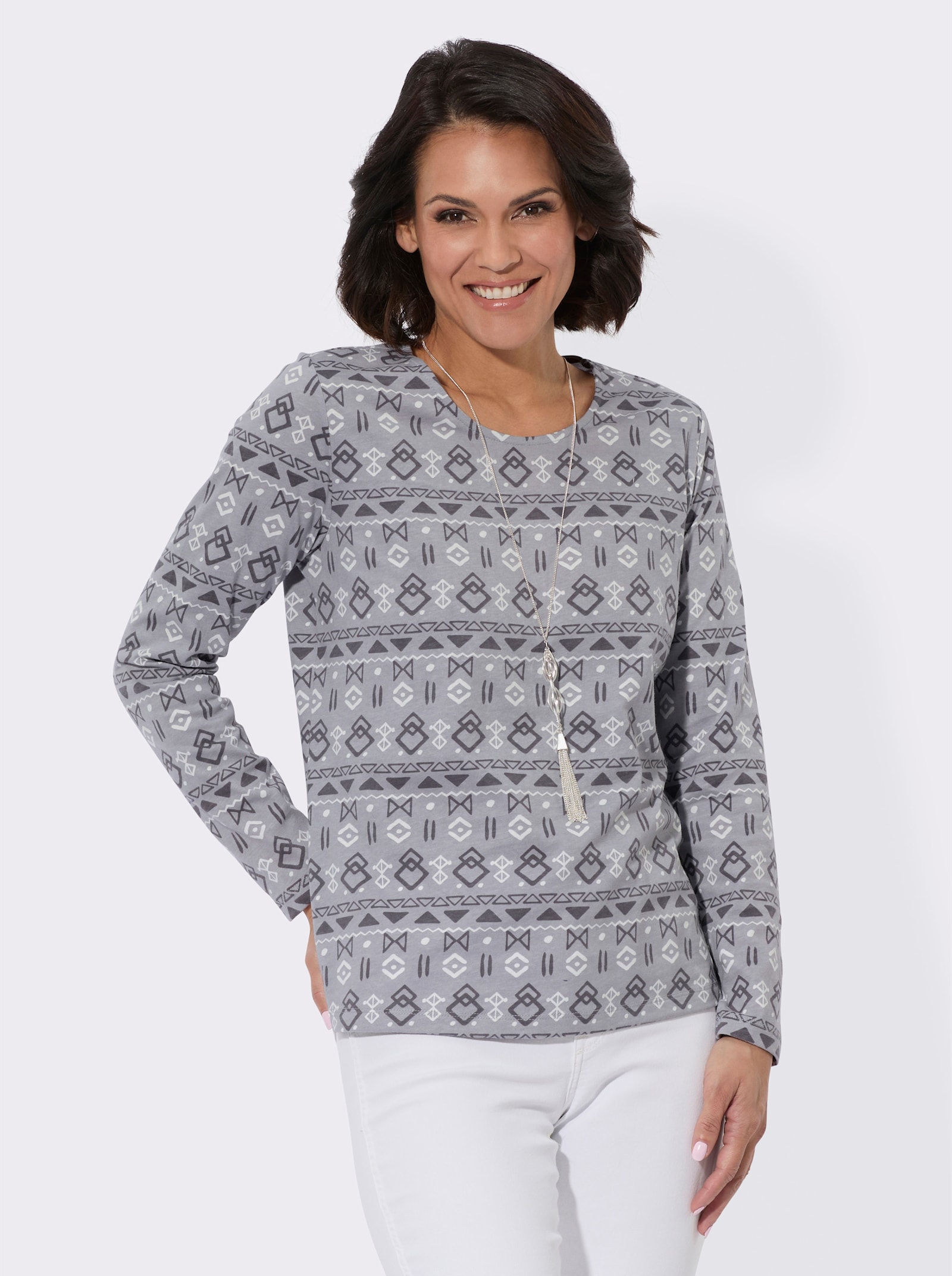 Print-Shirt mit paspeliertem Rundhals-Ausschnitt - steingrau-bedruckt