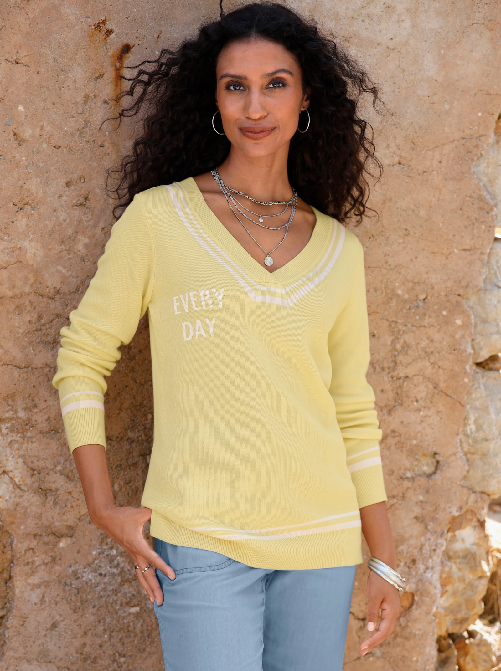heine Pullover mit tiefem V-Ausschnitt - zitrone-ecru