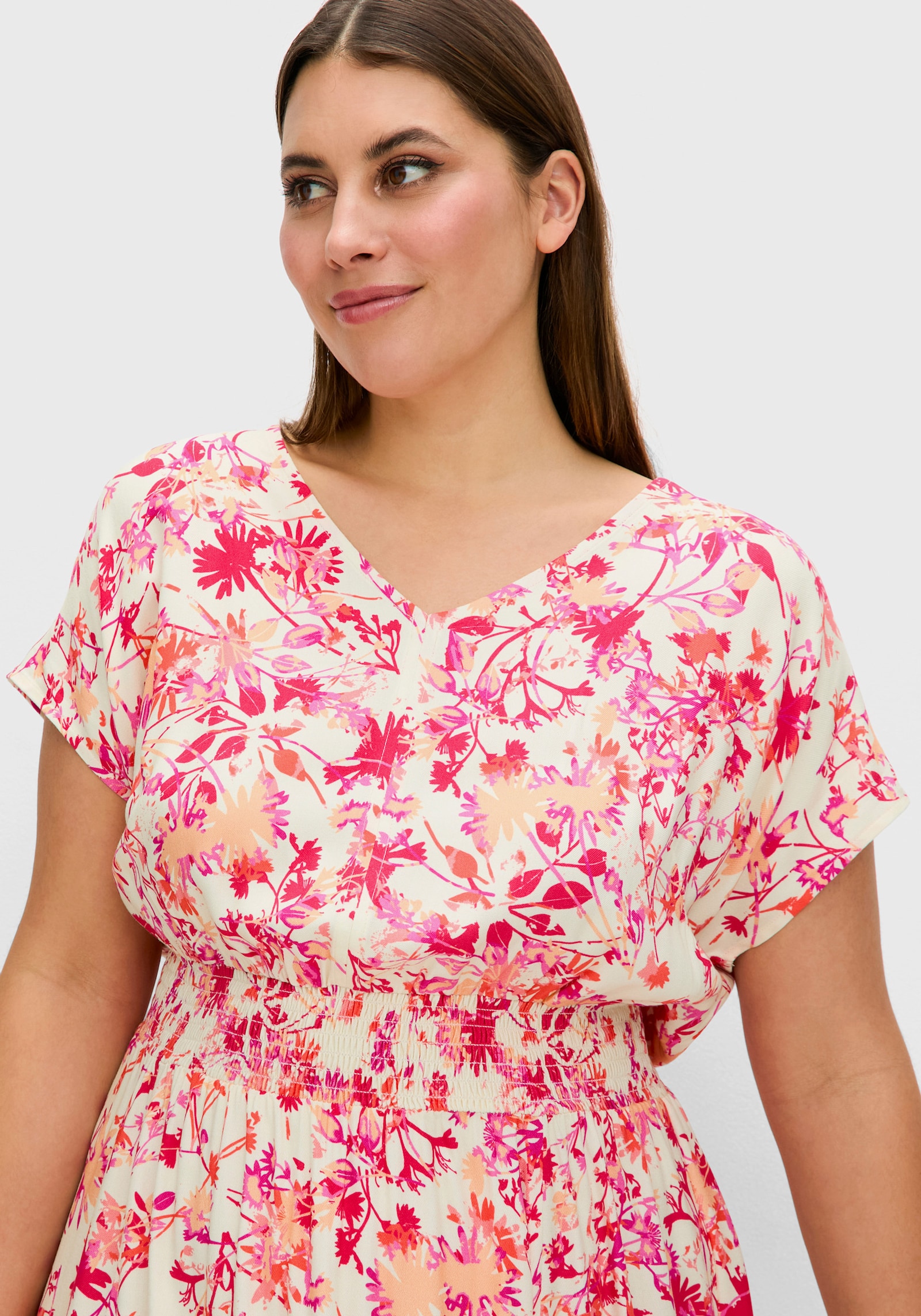 sheego Sommerkleid mit Smokbund und weitem Rock - champagner-bedruckt