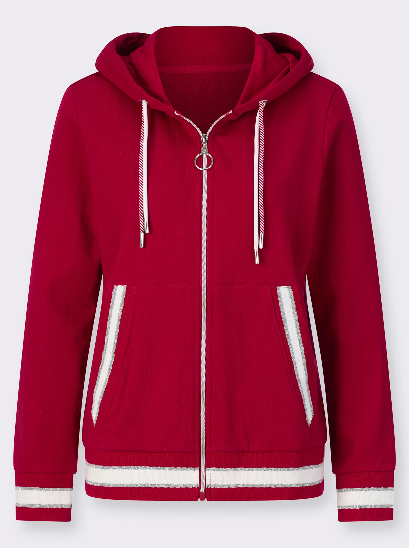 Sweatjacke mit Känguru-Tasche - rot-ecru