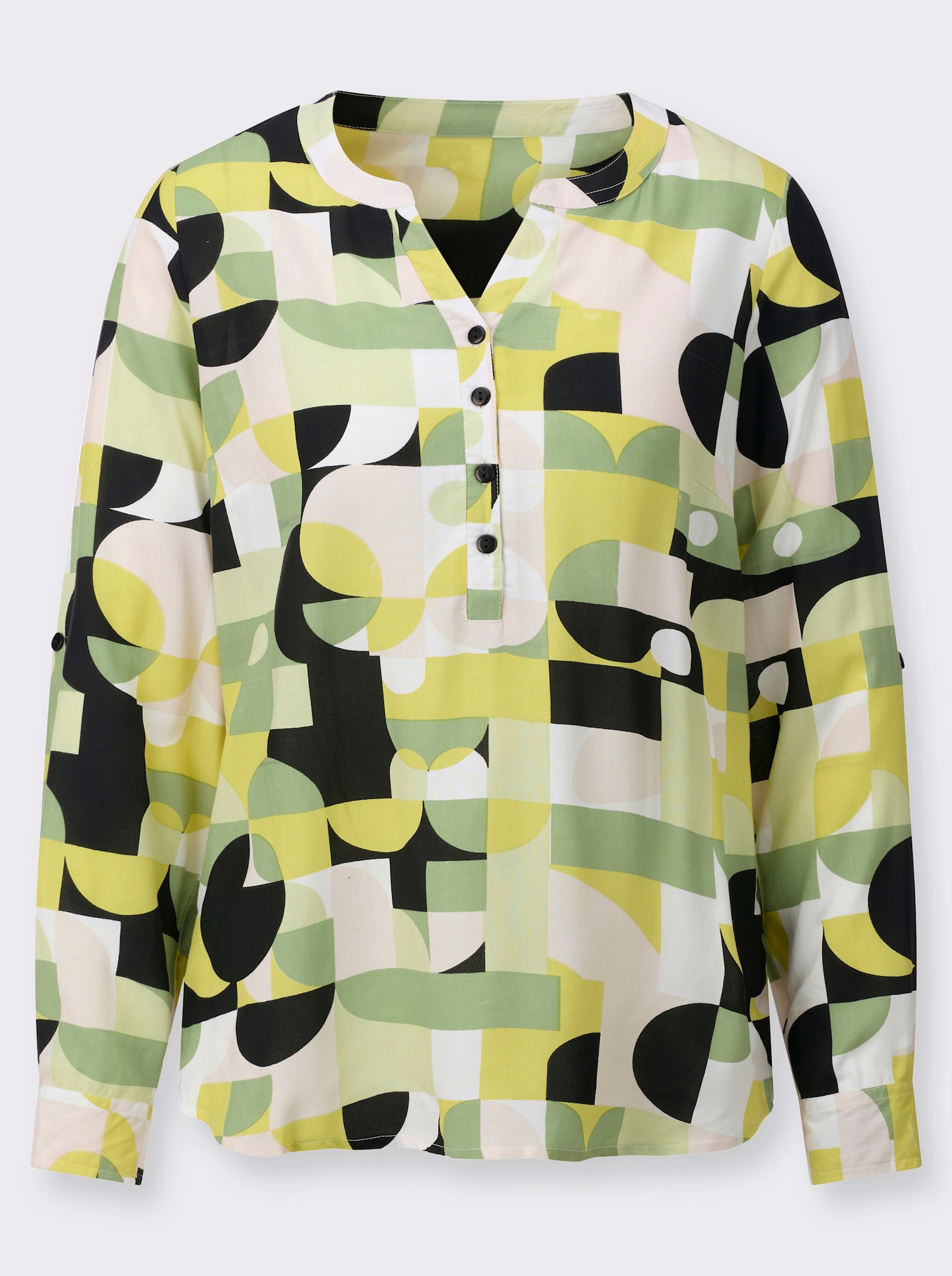 Druckbluse mit Krempelärmeln - pistazie-schwarz-bedruckt