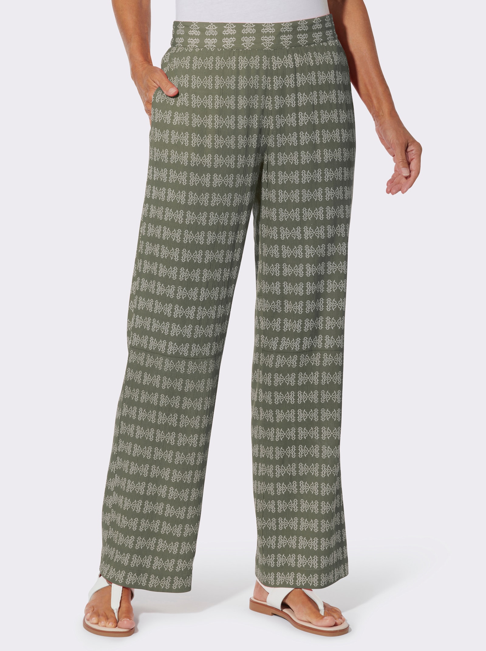 Druckhose in weiter Form - khaki-ecru-bedruckt