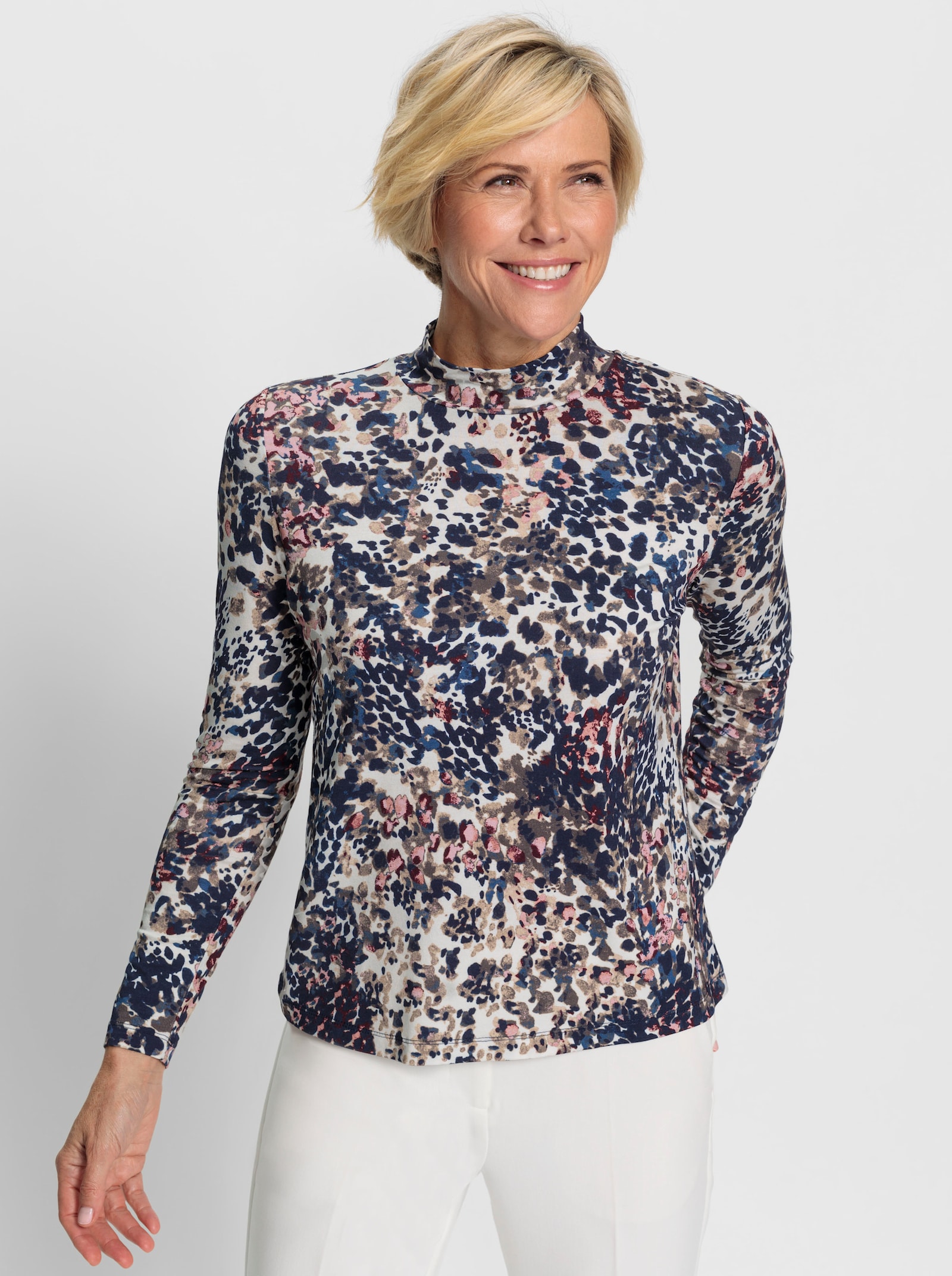 Stehkragenshirt in ECOVERO-Qualität von Lenzing - marine-taupe-bedruckt