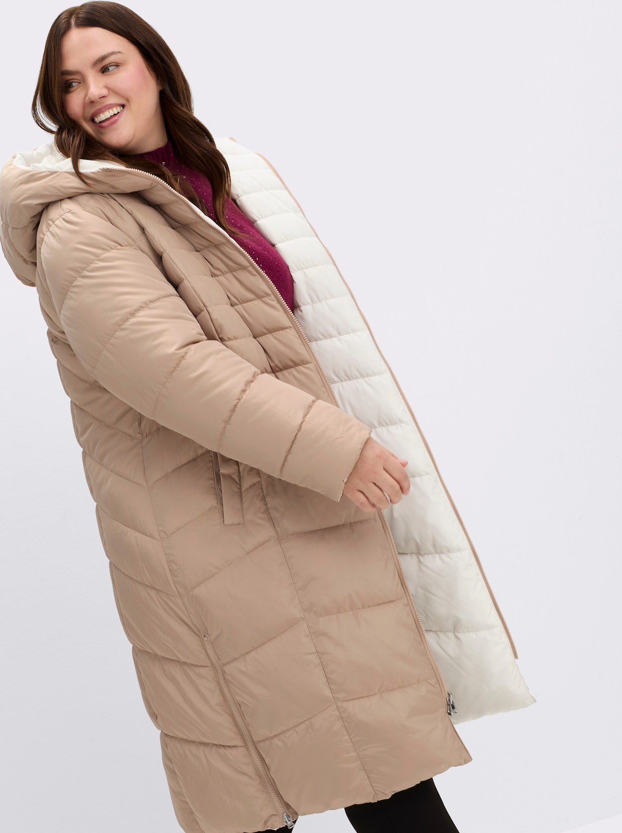 Steppmantel mit Wende-Funktion - ecru-taupe