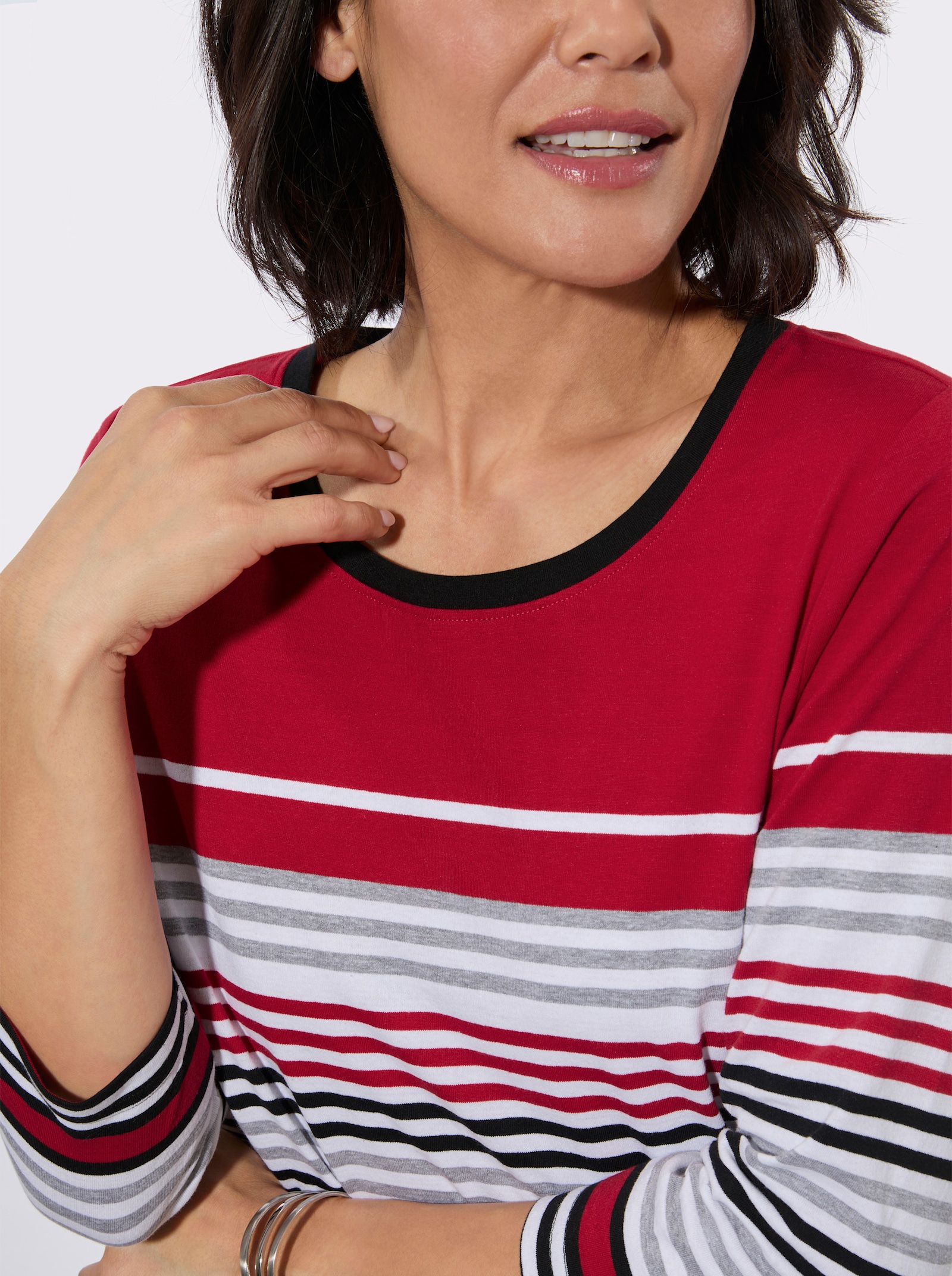 Rundhalsshirt mit 3/4-Ärmeln - rot-weiß-geringelt