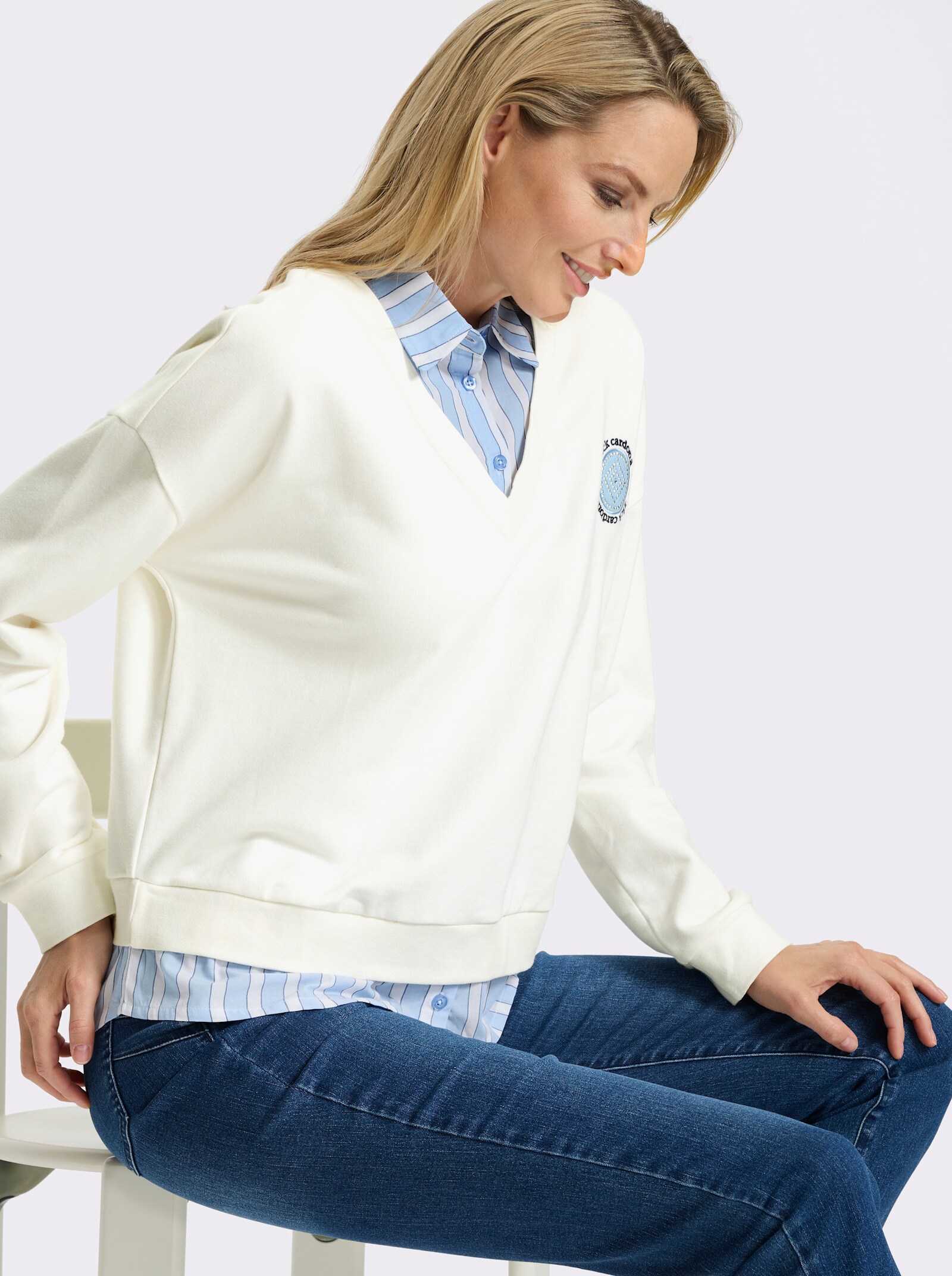 heine 2-in-1-Langarmshirt mit Hemdkragen - ecru-eisblau