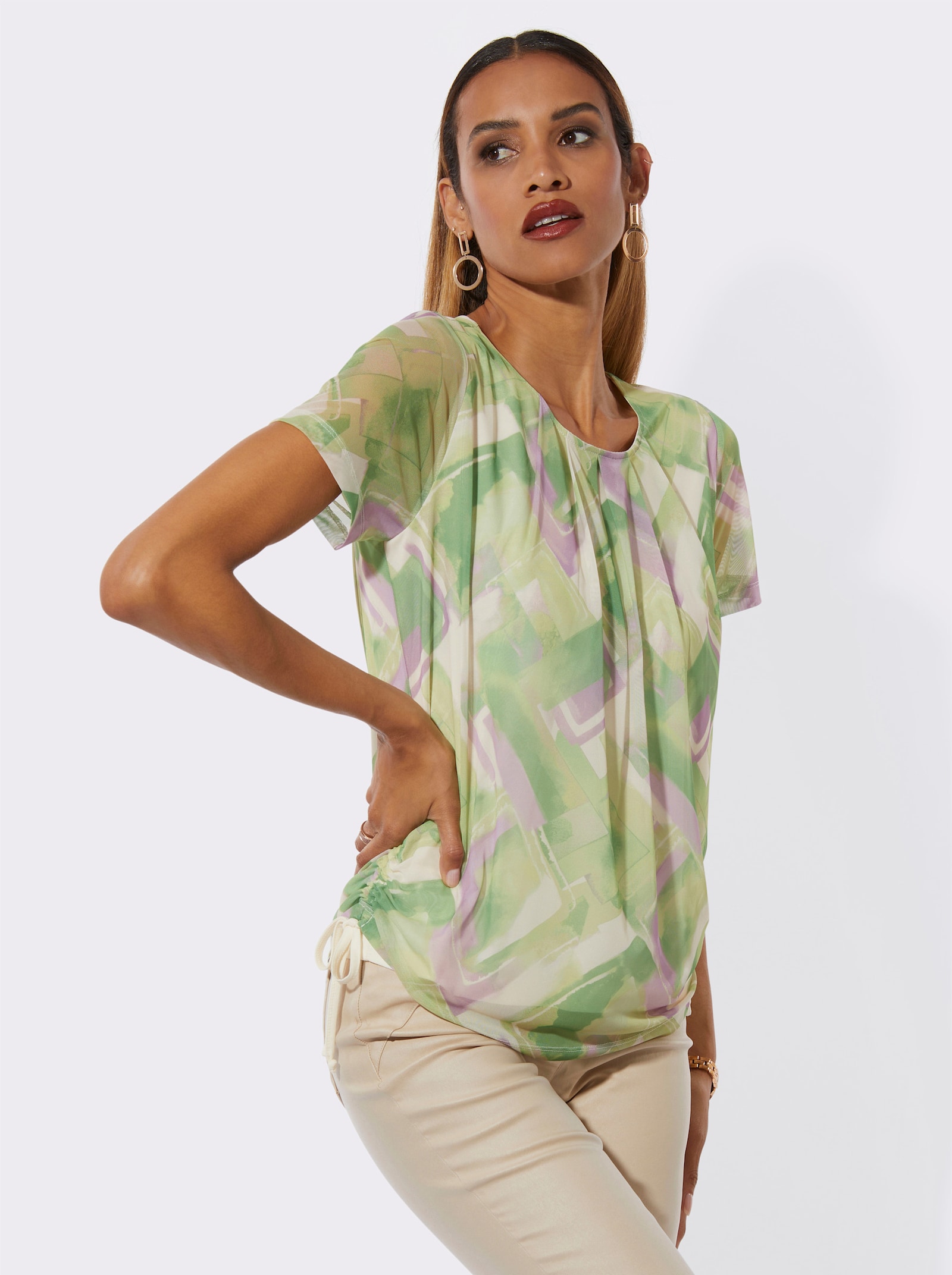 Rundhalsshirt aus Mesh, blickdicht gefüttert - pistazie-apfel-bedruckt