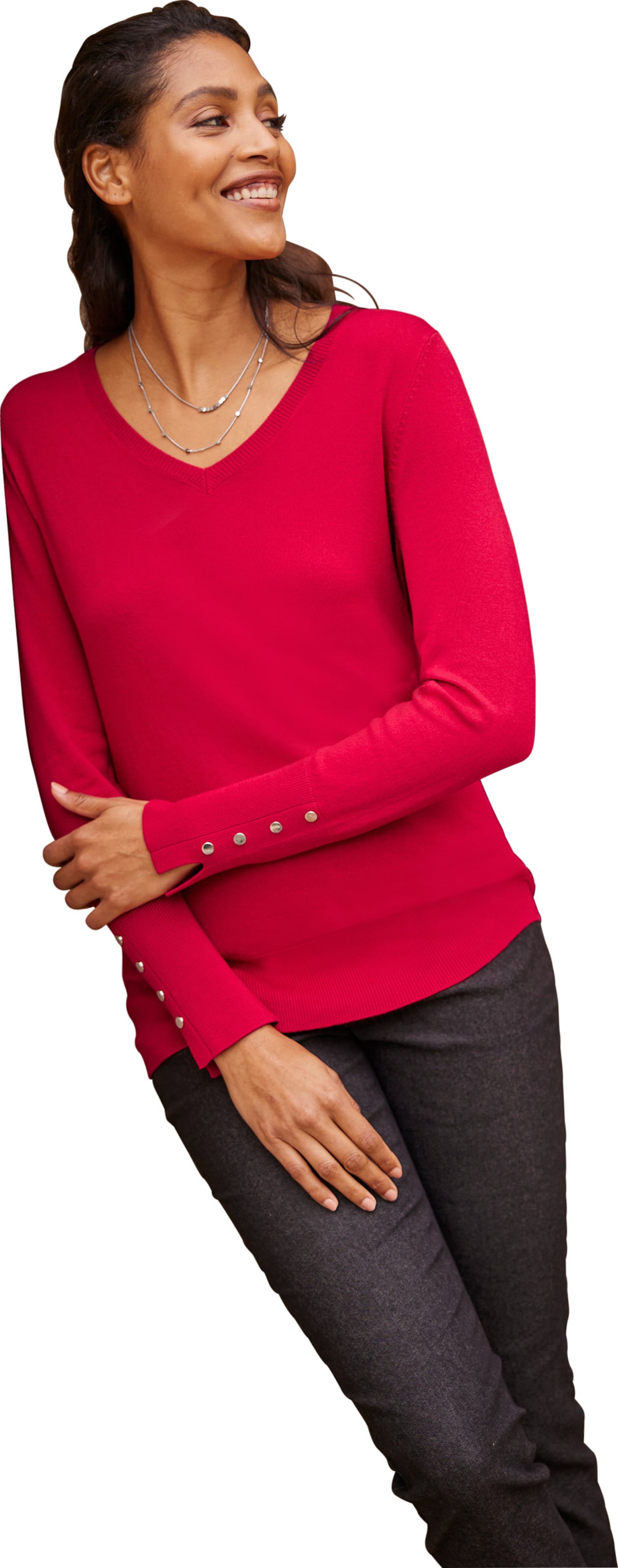 Klein PU günstig Kaufen-Pullover in rot von heine. Pullover in rot von heine <![CDATA[Pullover Softer, schön fallender Feinstrick mit Rippstrick am V-Ausschnitt und Rippenbündchen. Langarm mit kleinem Schlitz und Ziernieten.]]>. 