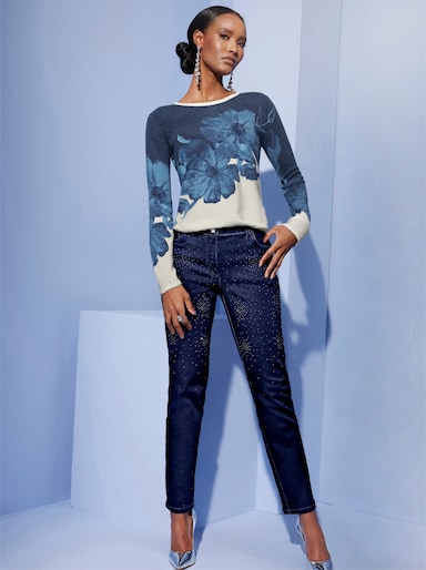 Feinstrickpullover mit diagonalem Blütendruck - champagner-jeansblau-bedruckt