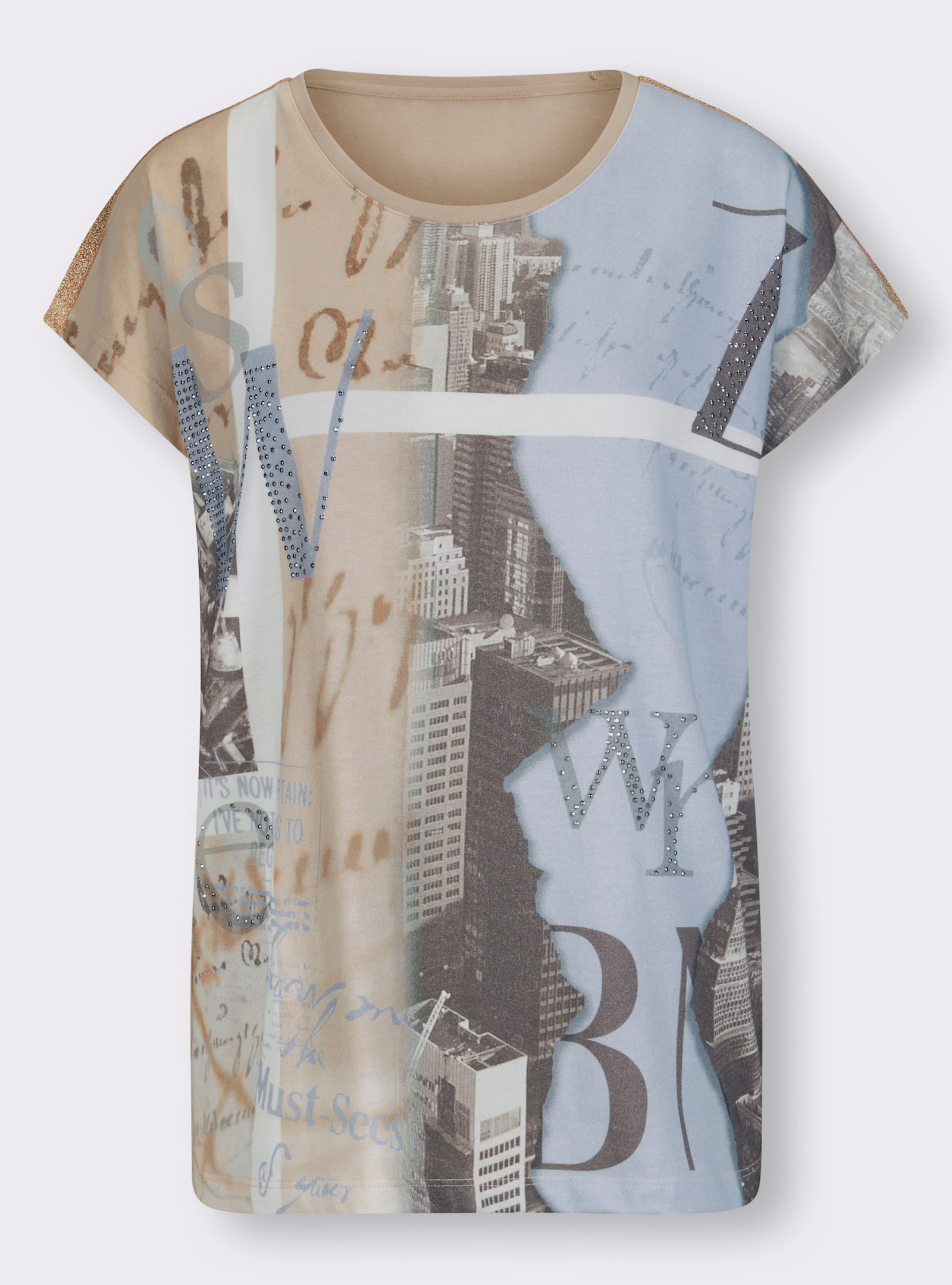 heine Kurzarmshirt mit Nieten und Ziersteinen - ecru-bleu-bedruckt