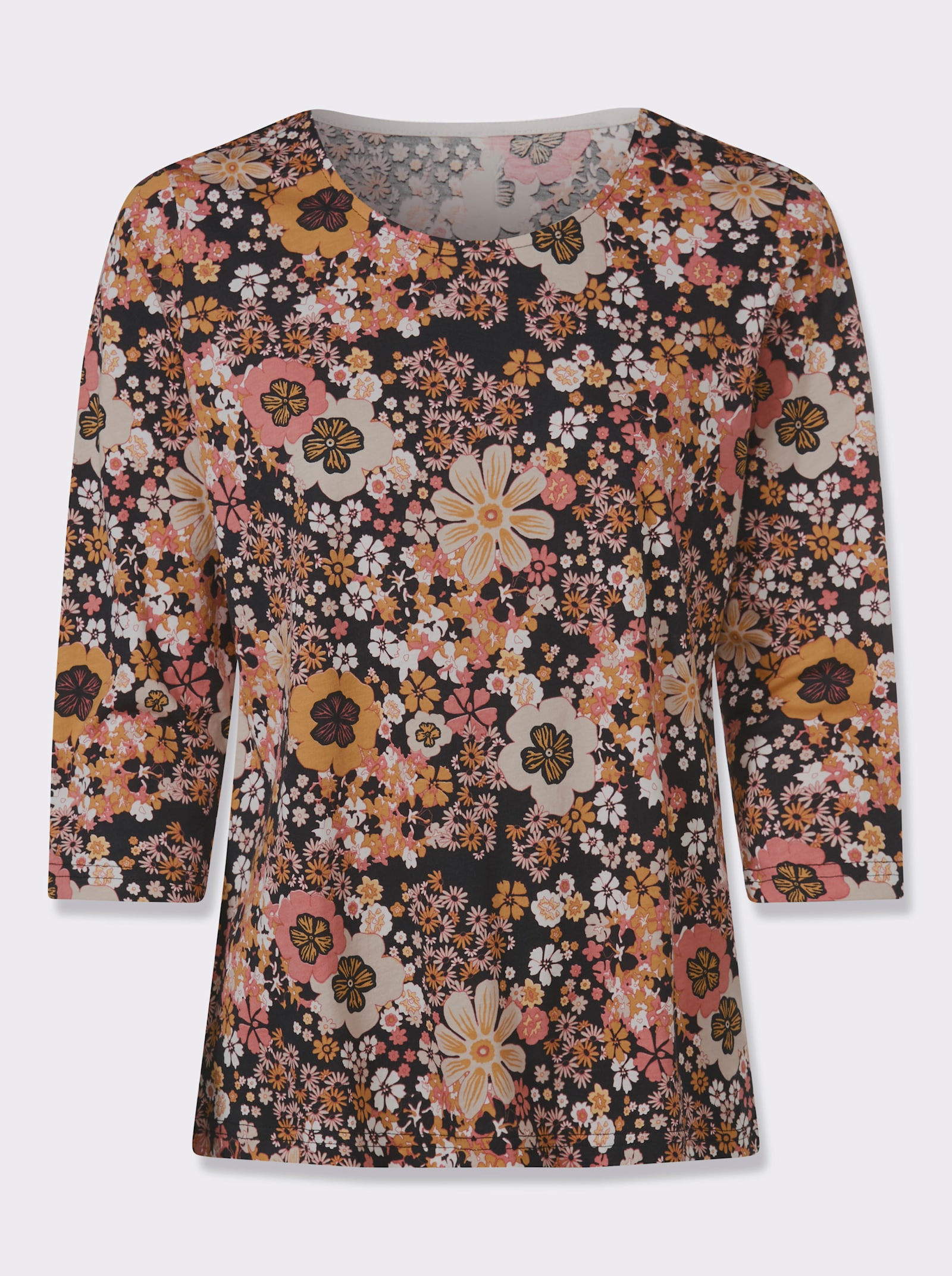 3/4-Arm-Shirt mit Blütendessin - schwarz-papaya-bedruckt