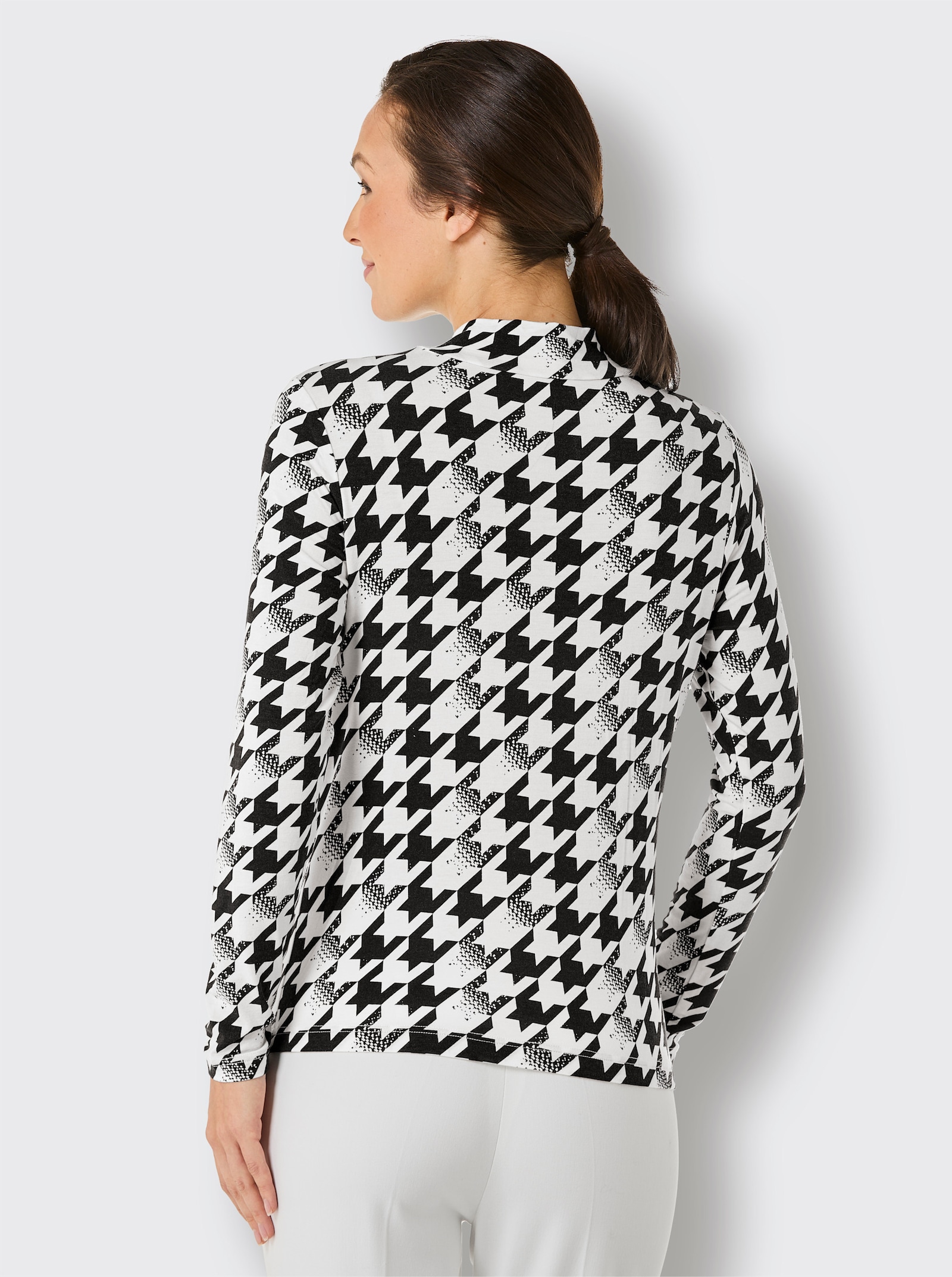 CREATION L PREMIUM Stehkragenshirt mit wärmender Wolle - schwarz-ecru-bedruckt