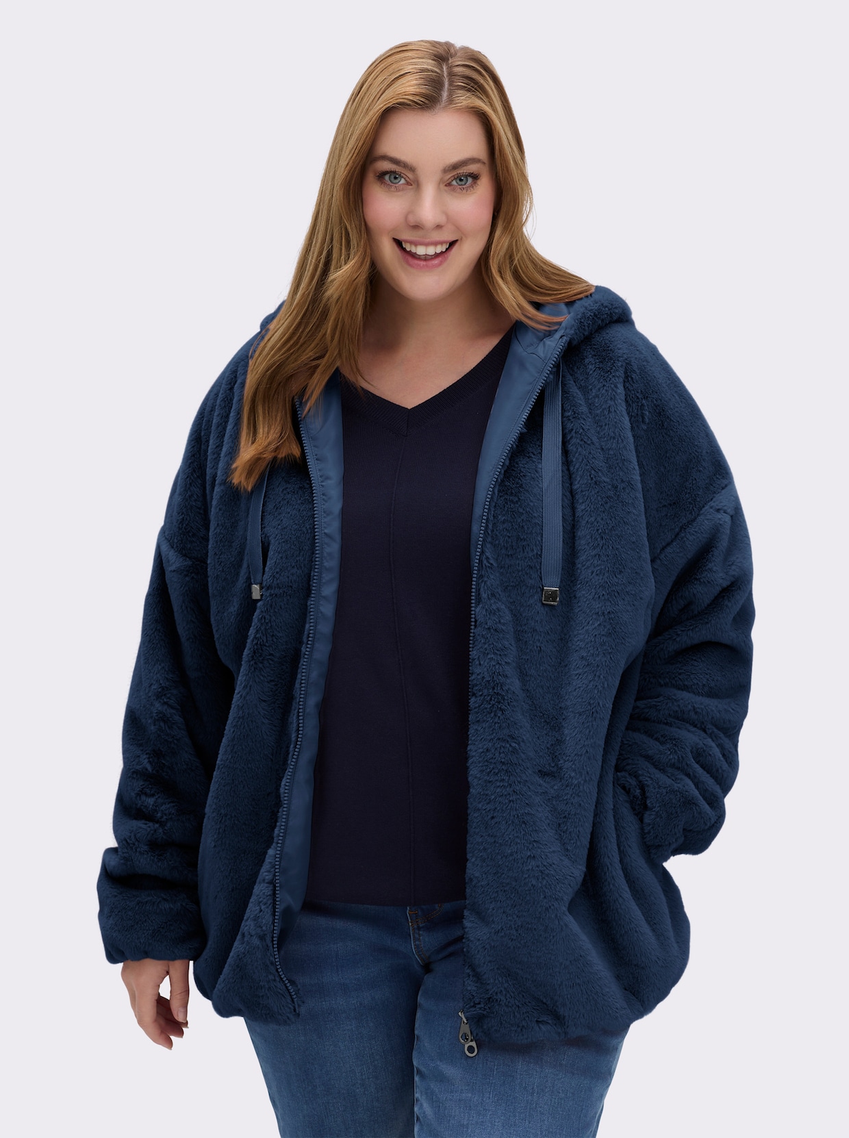 Fellimitatjacke mit Gummizug an Ärmeln und Saum - dunkelblau