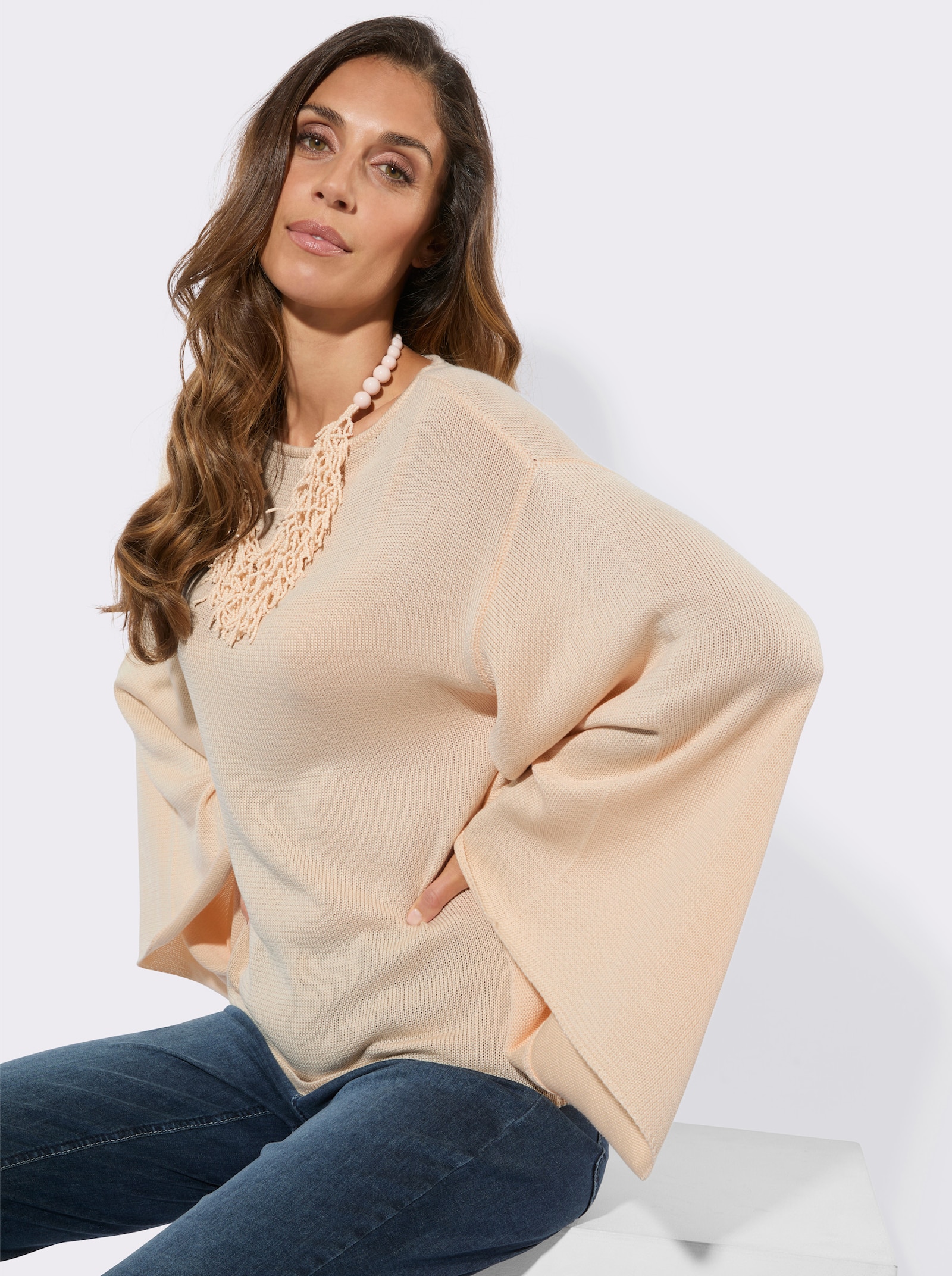 Feinstrickpullover mit weiten Ärmeln - elfenbein