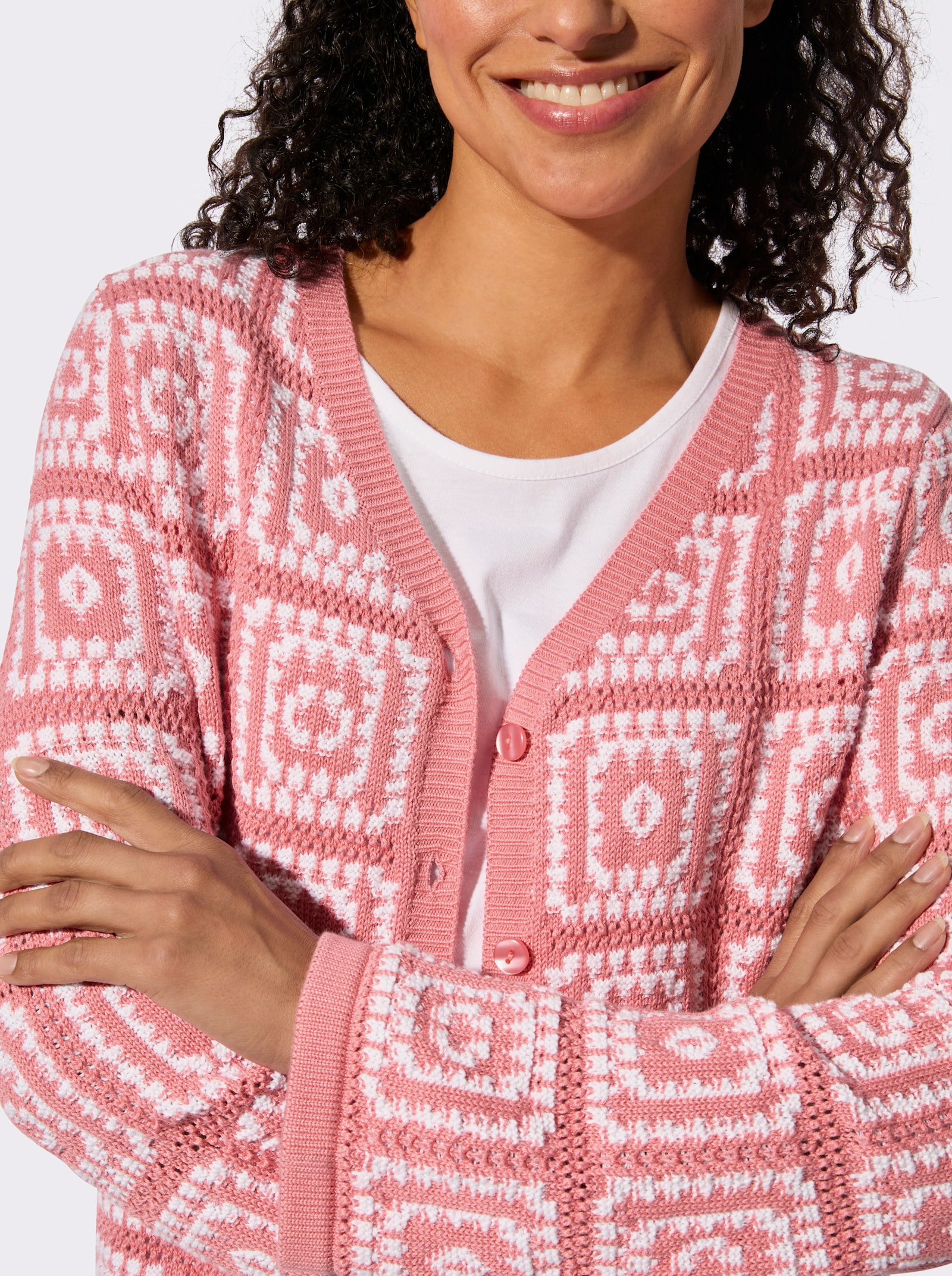 Strickjacke in Häkel-Optik - flamingo-weiß