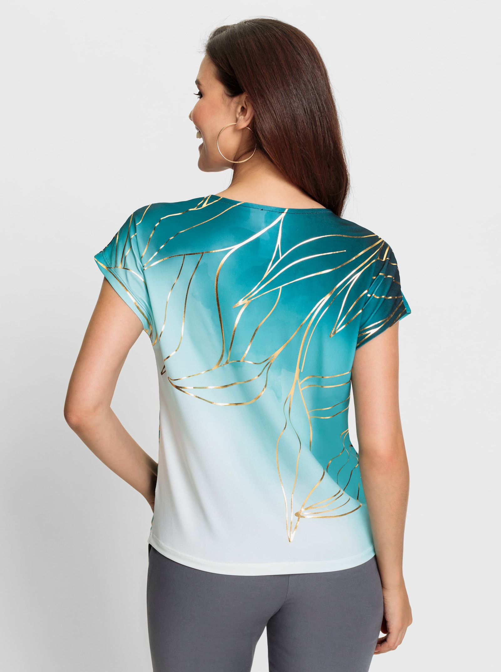 Print-Shirt mit Foliendruck - petrol-goldfarben-bedruckt