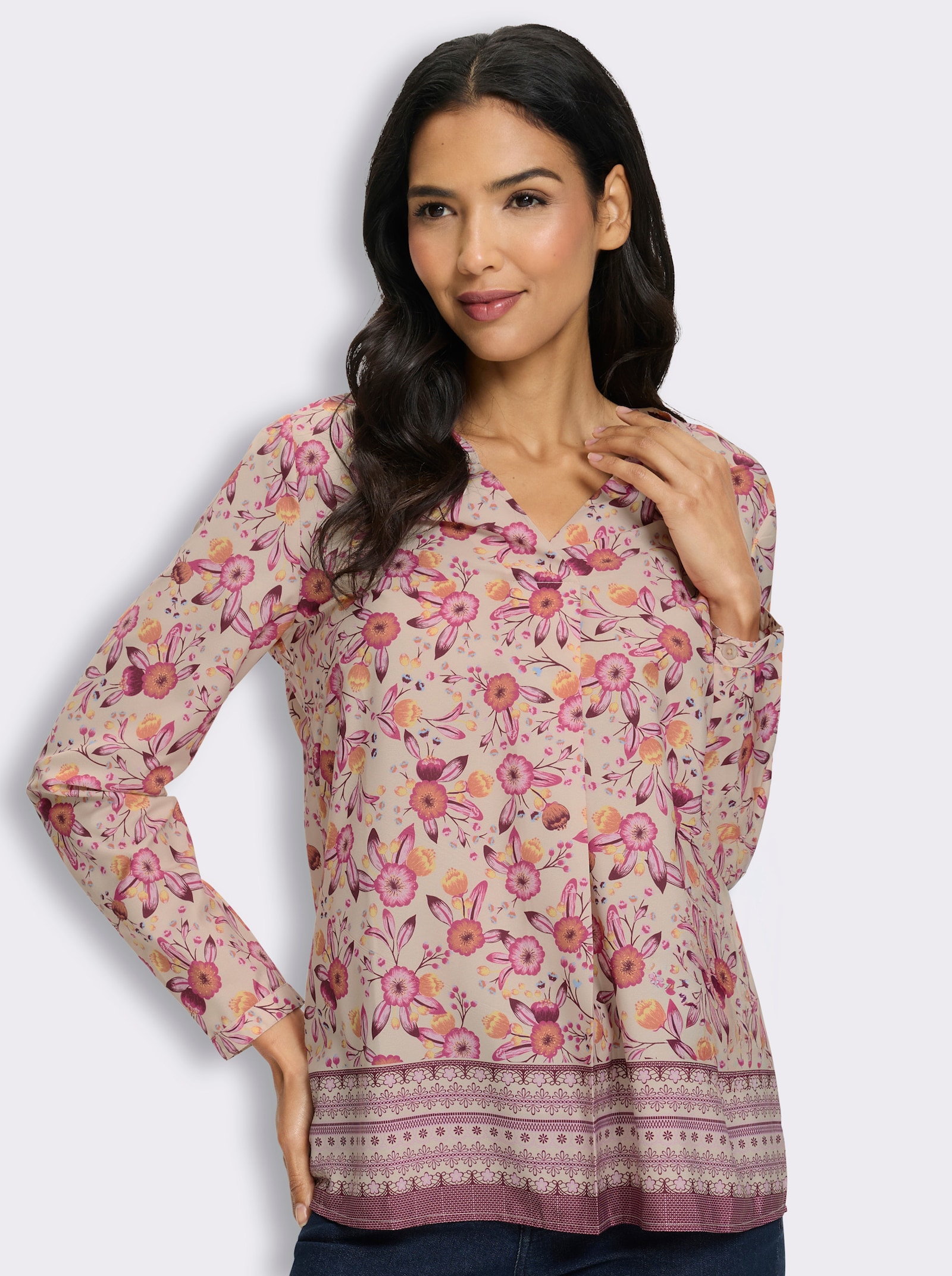 Tunika mit Blüten- und Bordürenprint - elfenbein-burgund-bedruckt