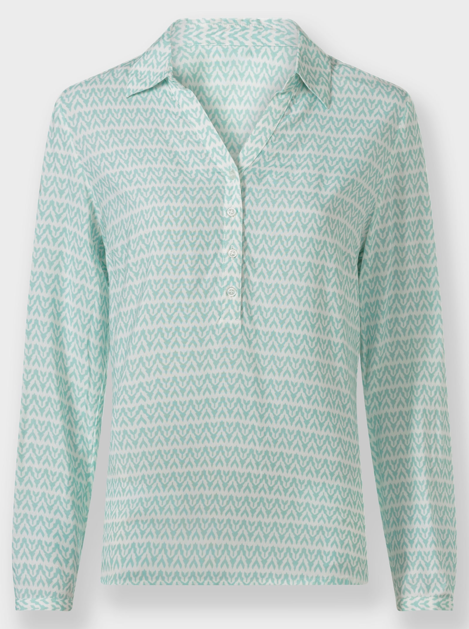 Langarm-Bluse mit offenem Hemdkragen - kalkmint-ecru-bedruckt