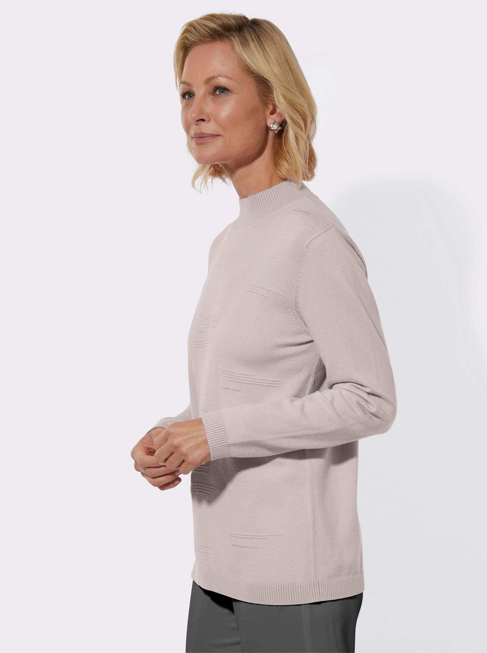 Stehkragenpullover mit Rippmuster und Glitzersteinchen - hellgrau