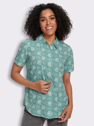 Kurzarm-Bluse mit Hemdkragen - salbei-ecru-bedruckt