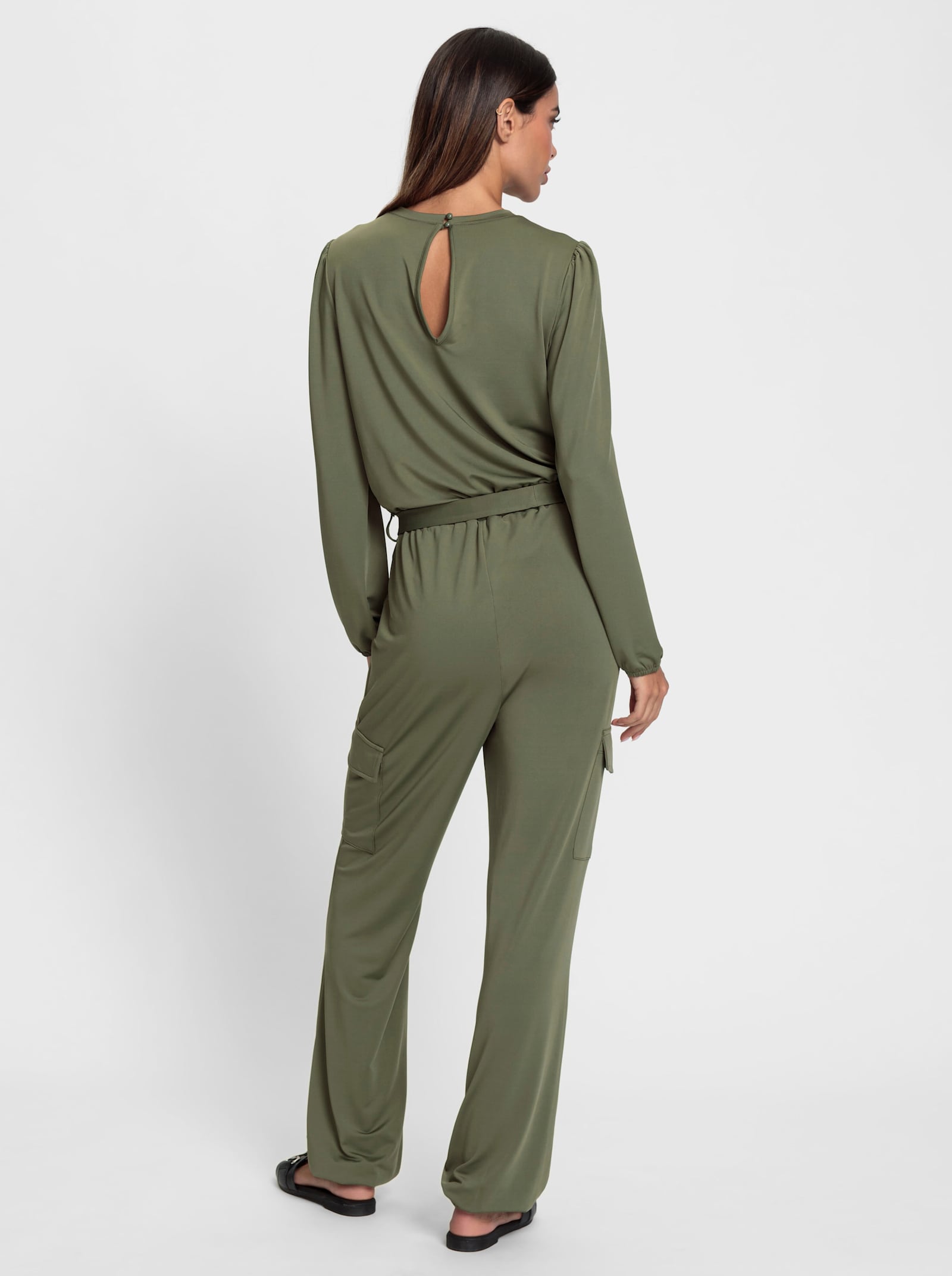 heine Jumpsuit mit Taillen-Gummibund und Bindegürtel - khaki