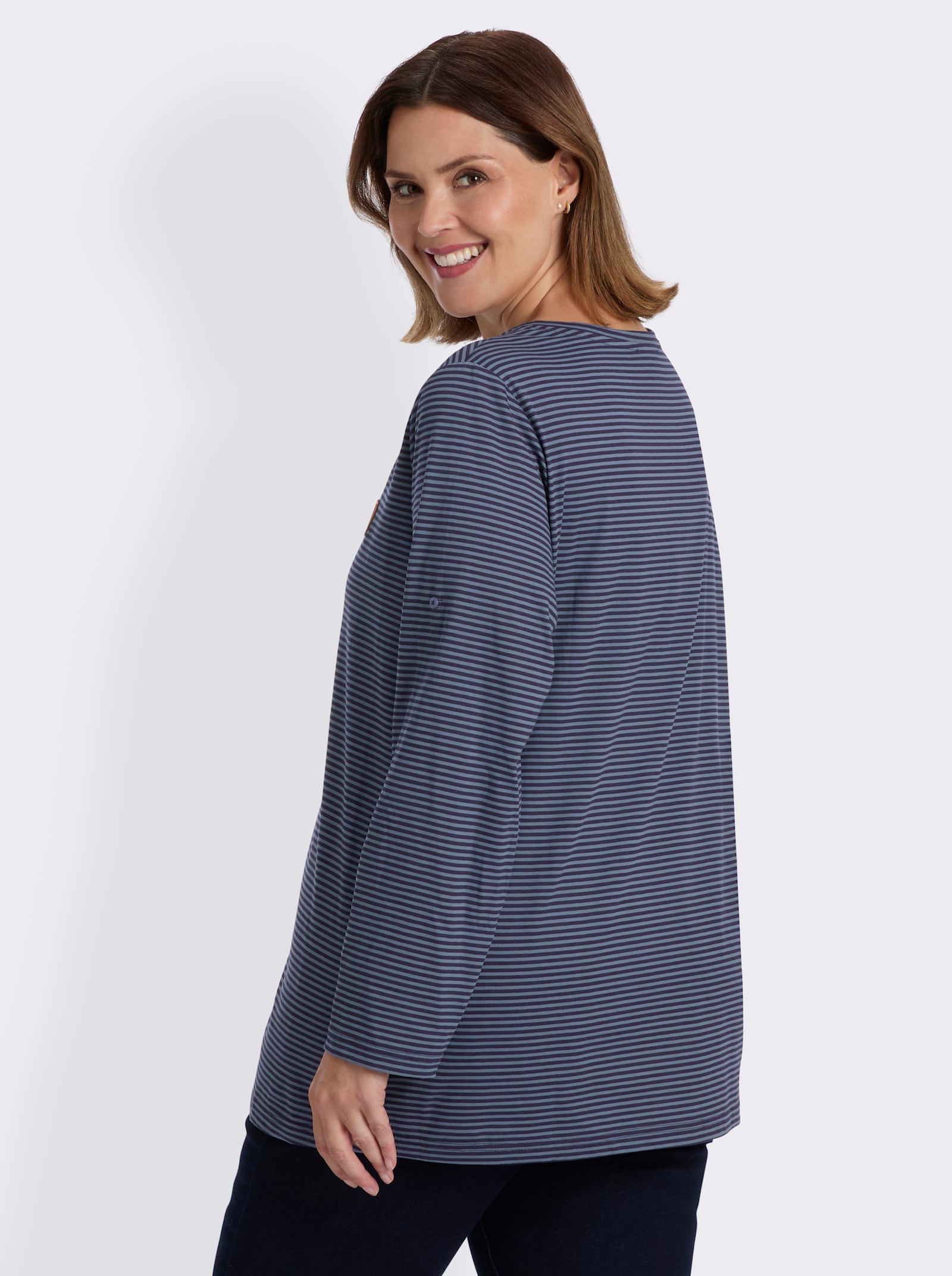 sheego Ringelshirt mit Krempelärmeln - rauchblau-marine-geringelt
