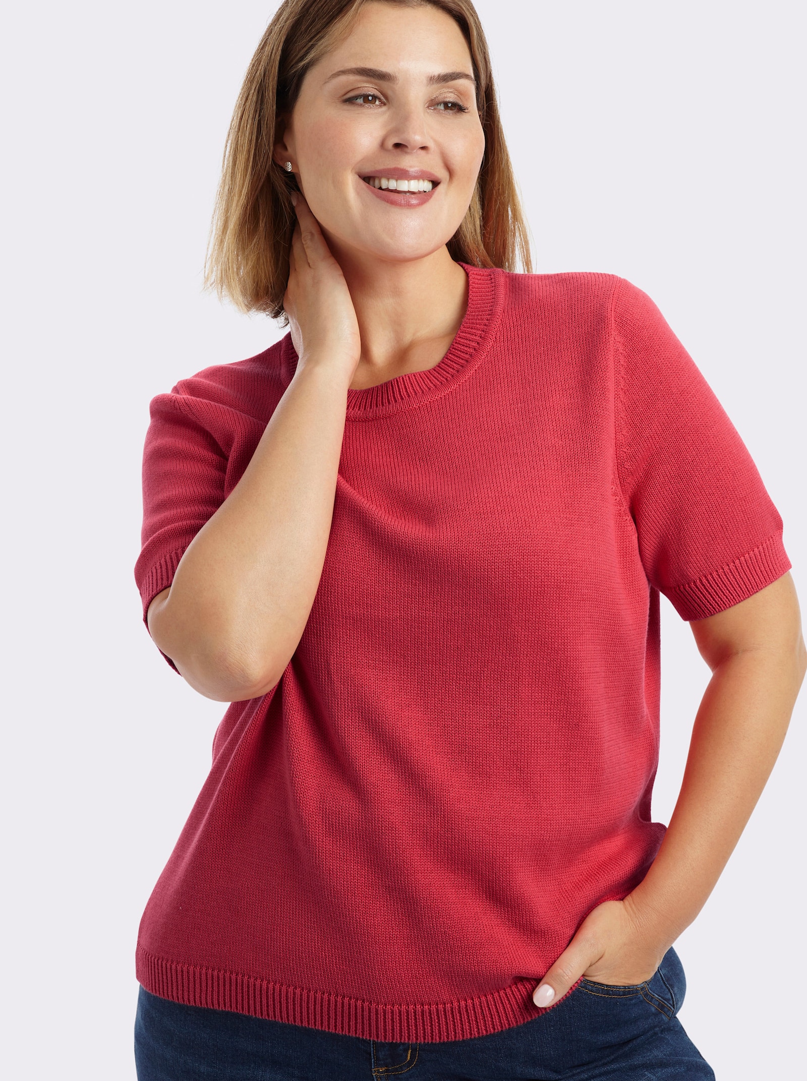 Kurzarmpullover mit Rippabschlüssen - korallenrot