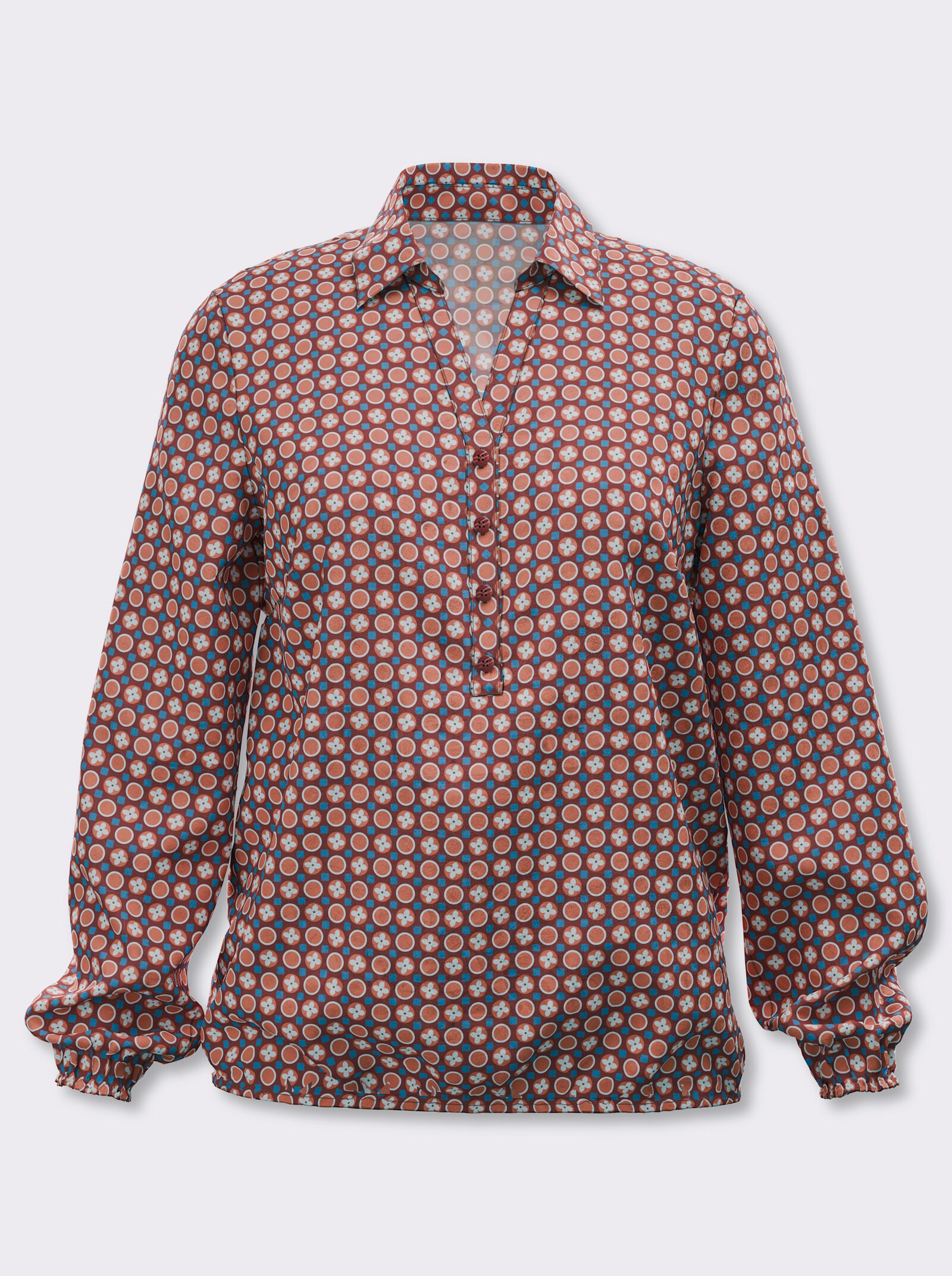 Schlupfbluse mit Gummibündchen - rotbraun-papaya-bedruckt