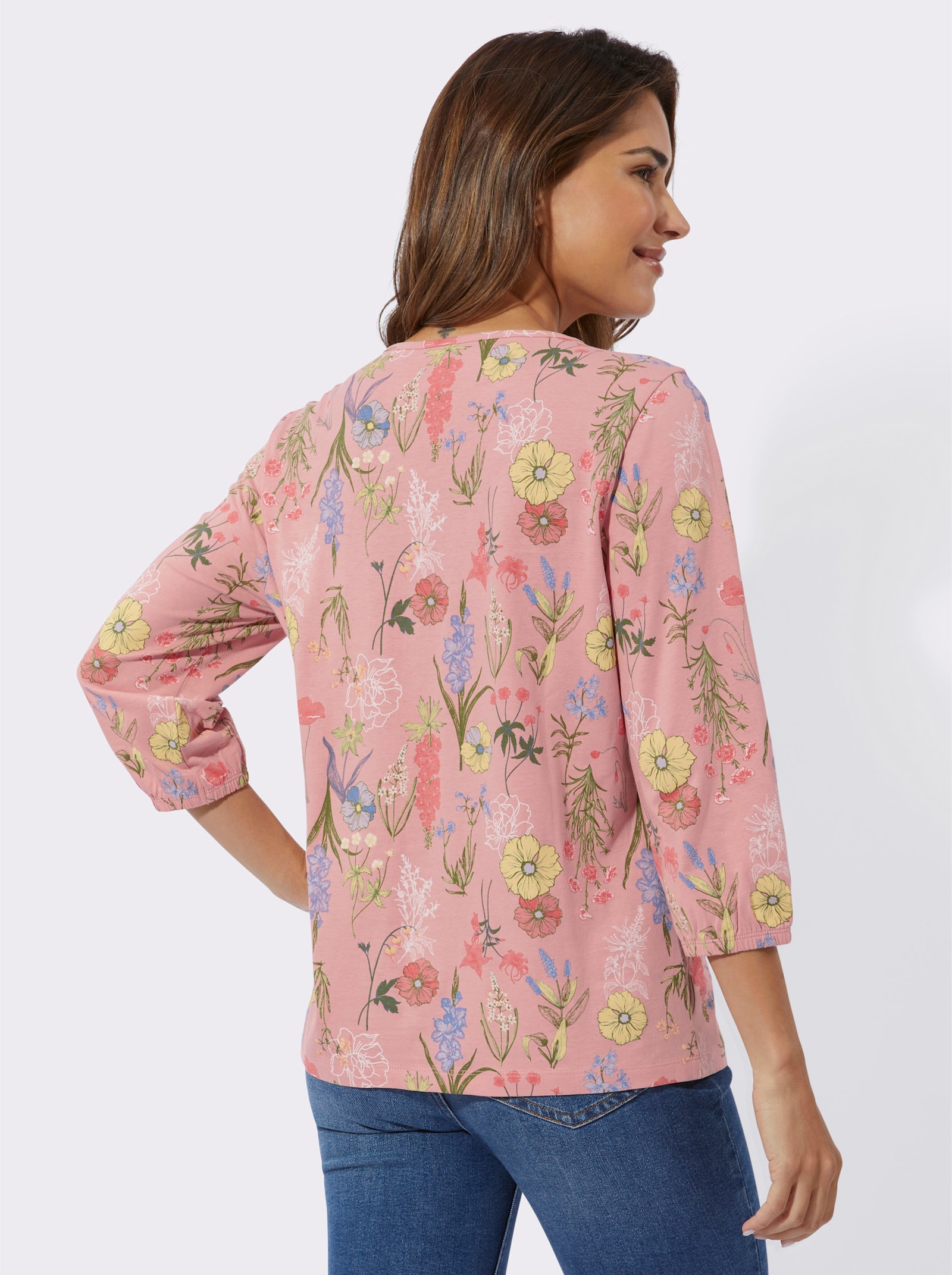 Topp med 3/4-ärm, hjärttryck - rosenkvarts-oliv-tryck