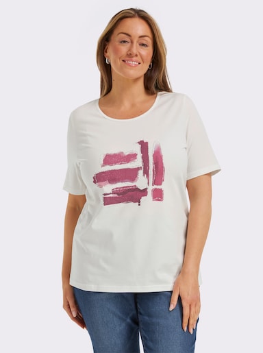 Kurzarmshirt mit Glitzersteinchen - ecru-fuchsia-bedruckt