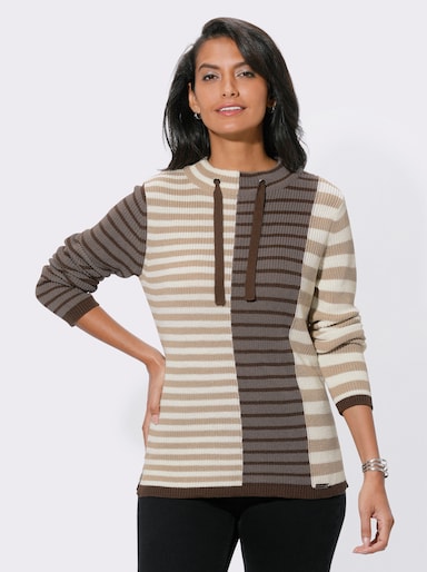 Langarm-Pullover mit Bindeband - beige-dunkeltaupe-geringelt