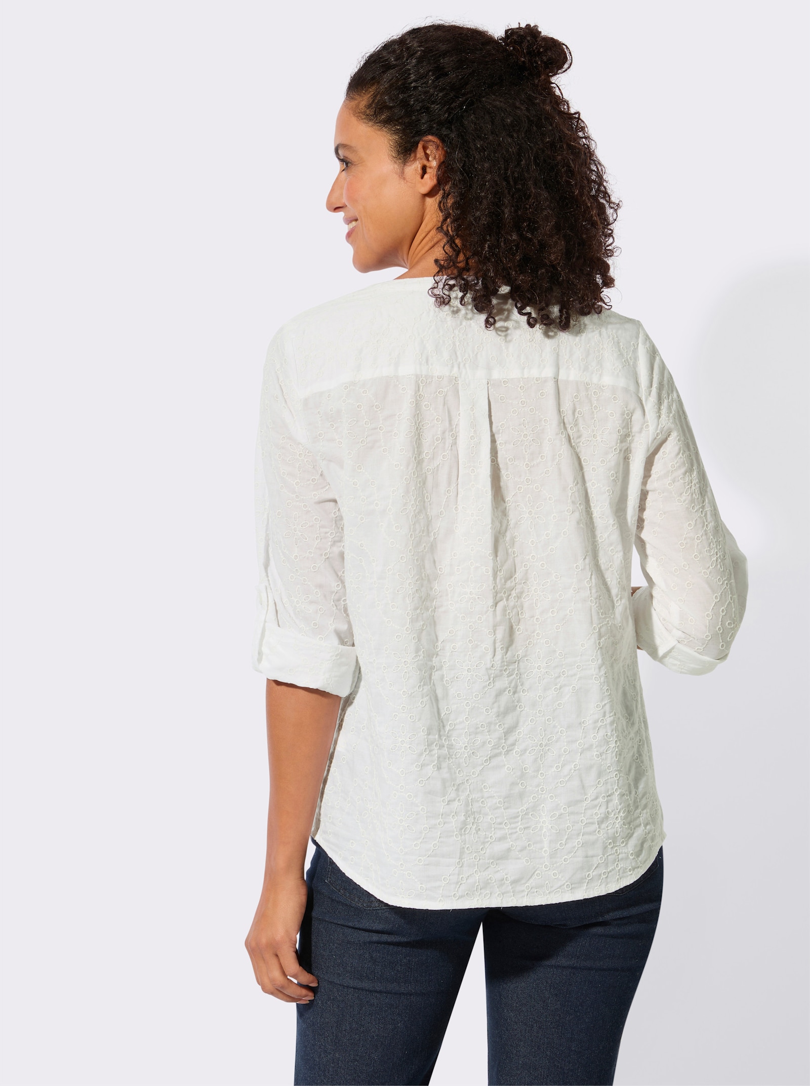 Baumwollbluse mit Stickerei rundum - weiß