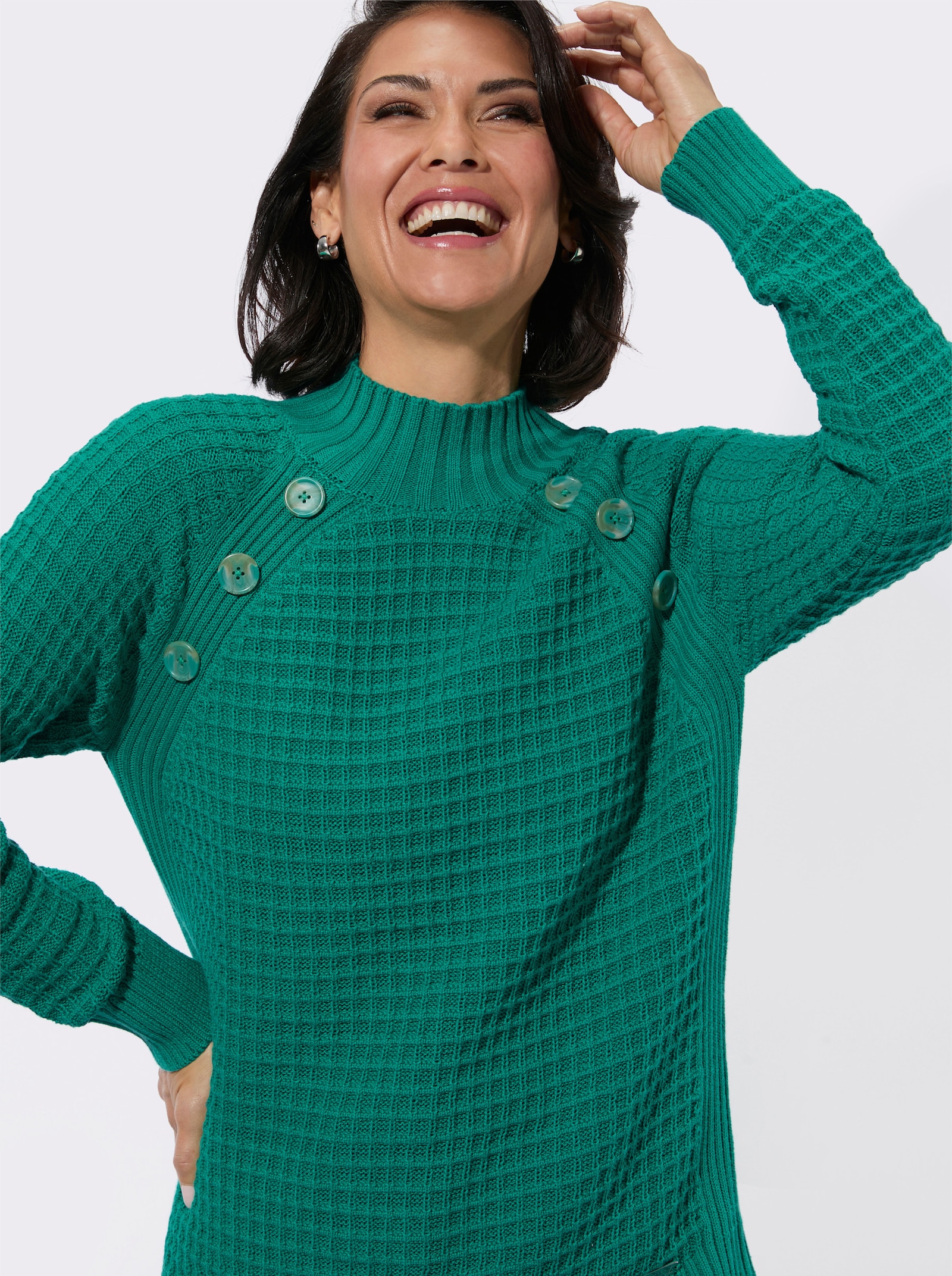 Stehkragenpullover mit Zierknöpfen - smaragd