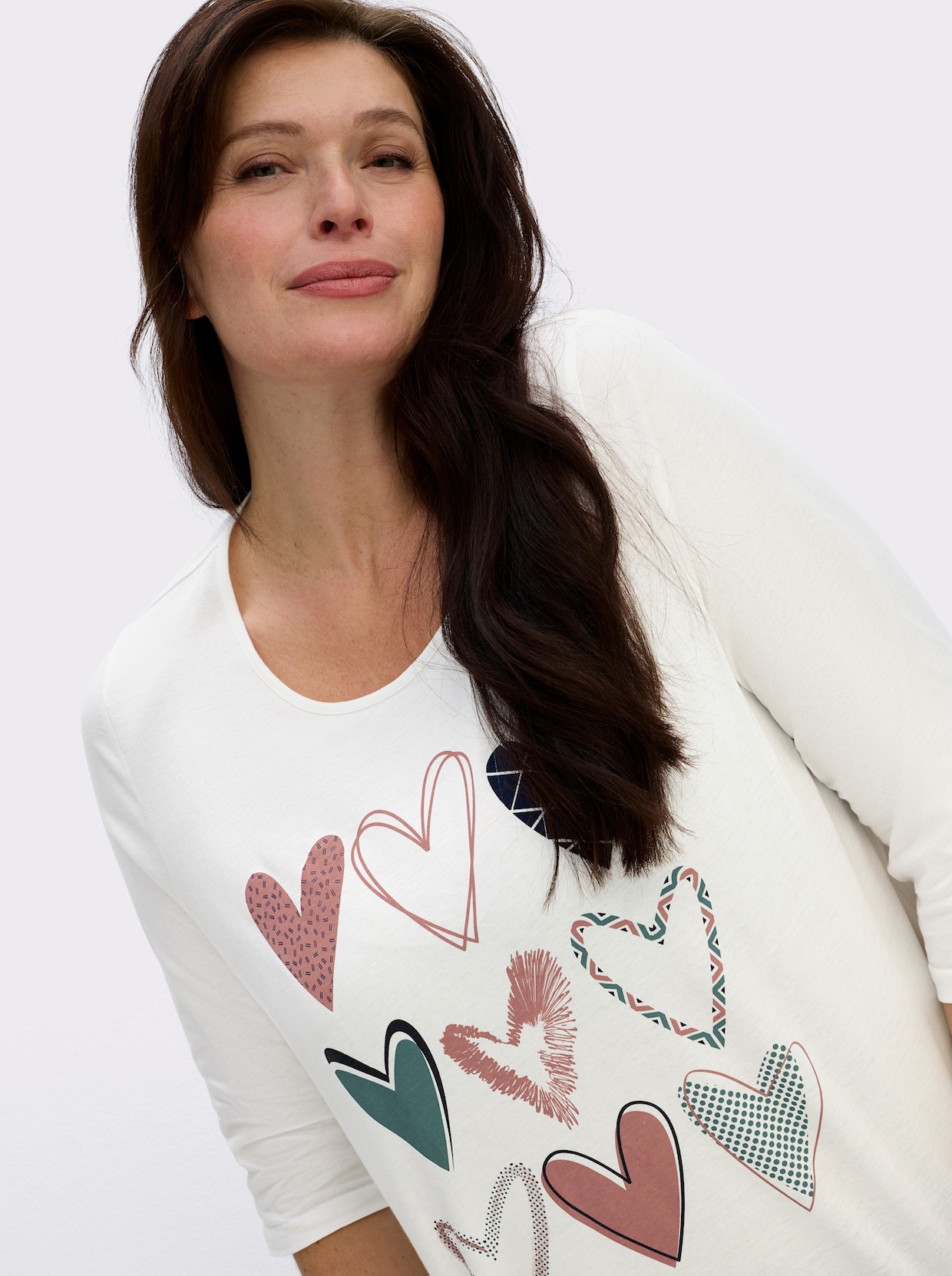 3/4-Arm-Shirt mit platziertem Herzmuster - ecru-marine