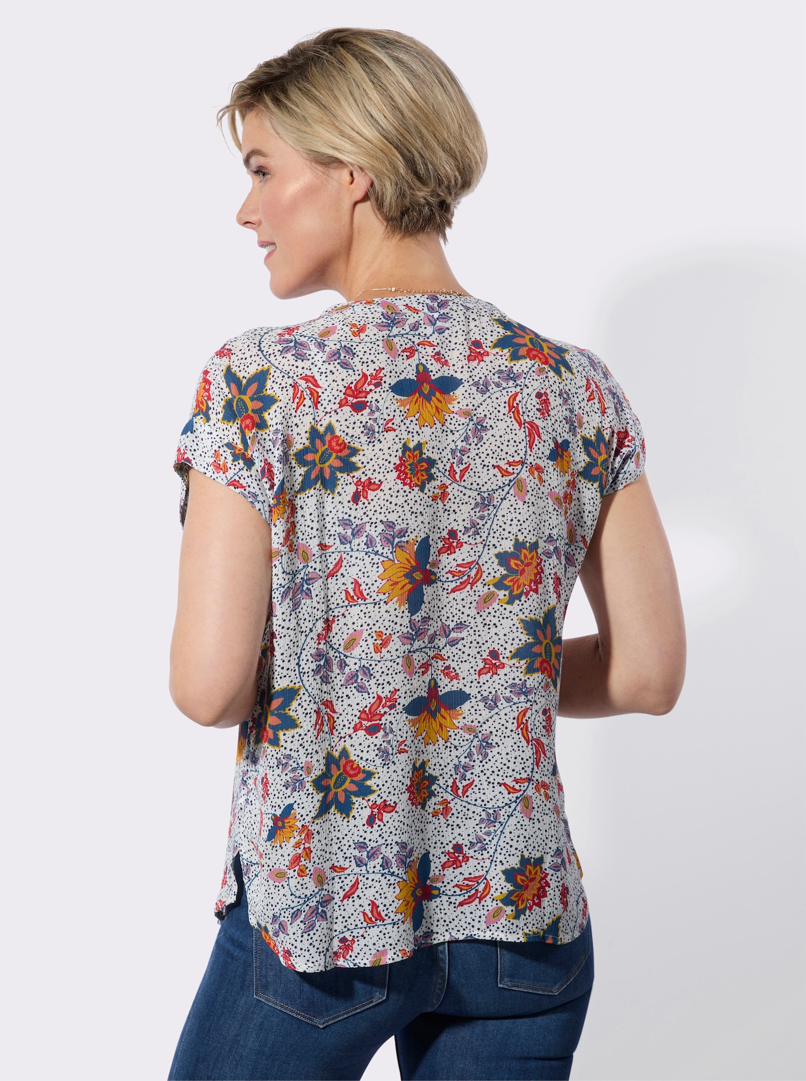 Kurzarmbluse in strukturierter Qualität - weiß-erdbeere-bedruckt