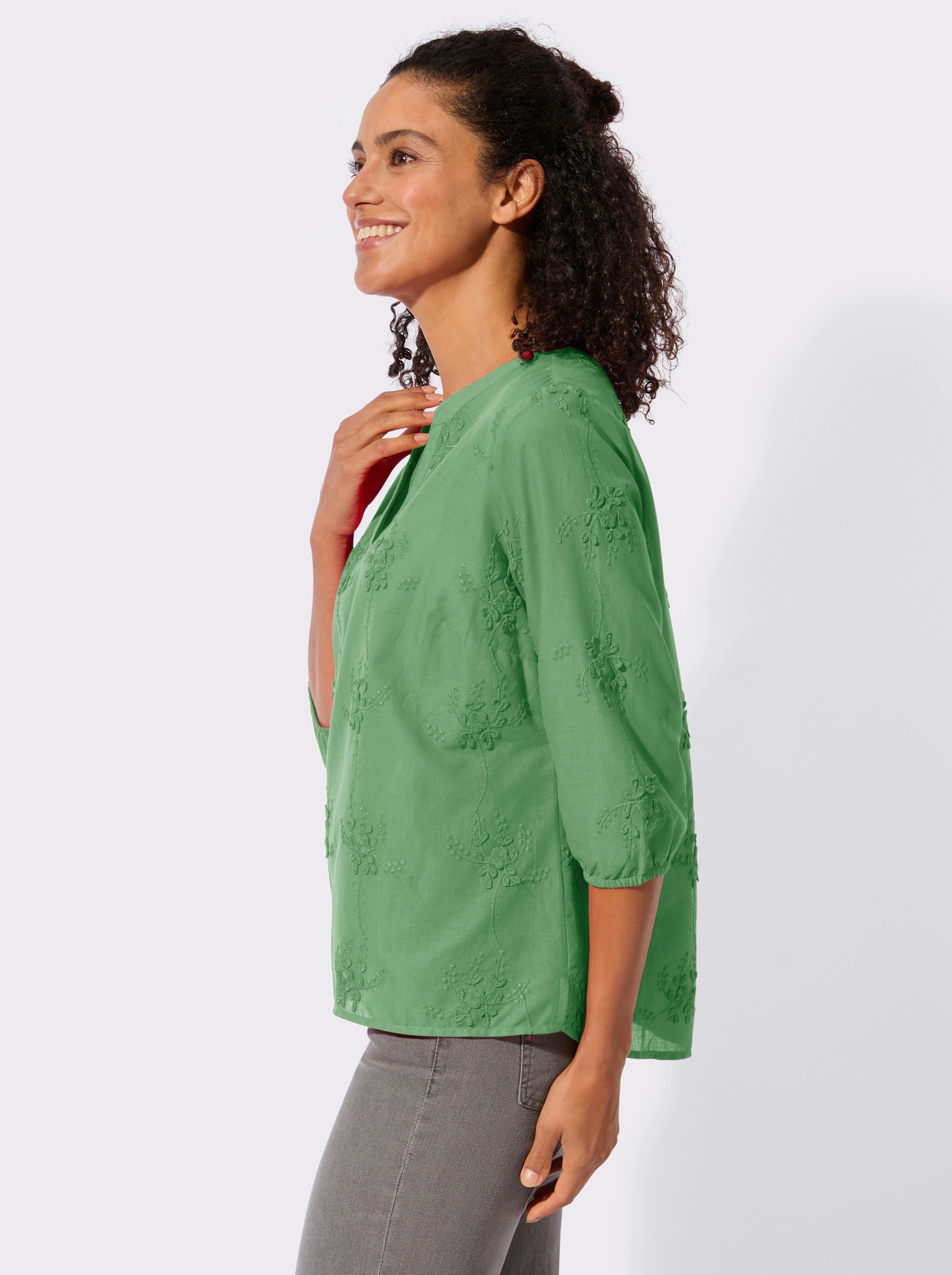 Baumwollbluse mit 3D-Blütenstickerei - apfel