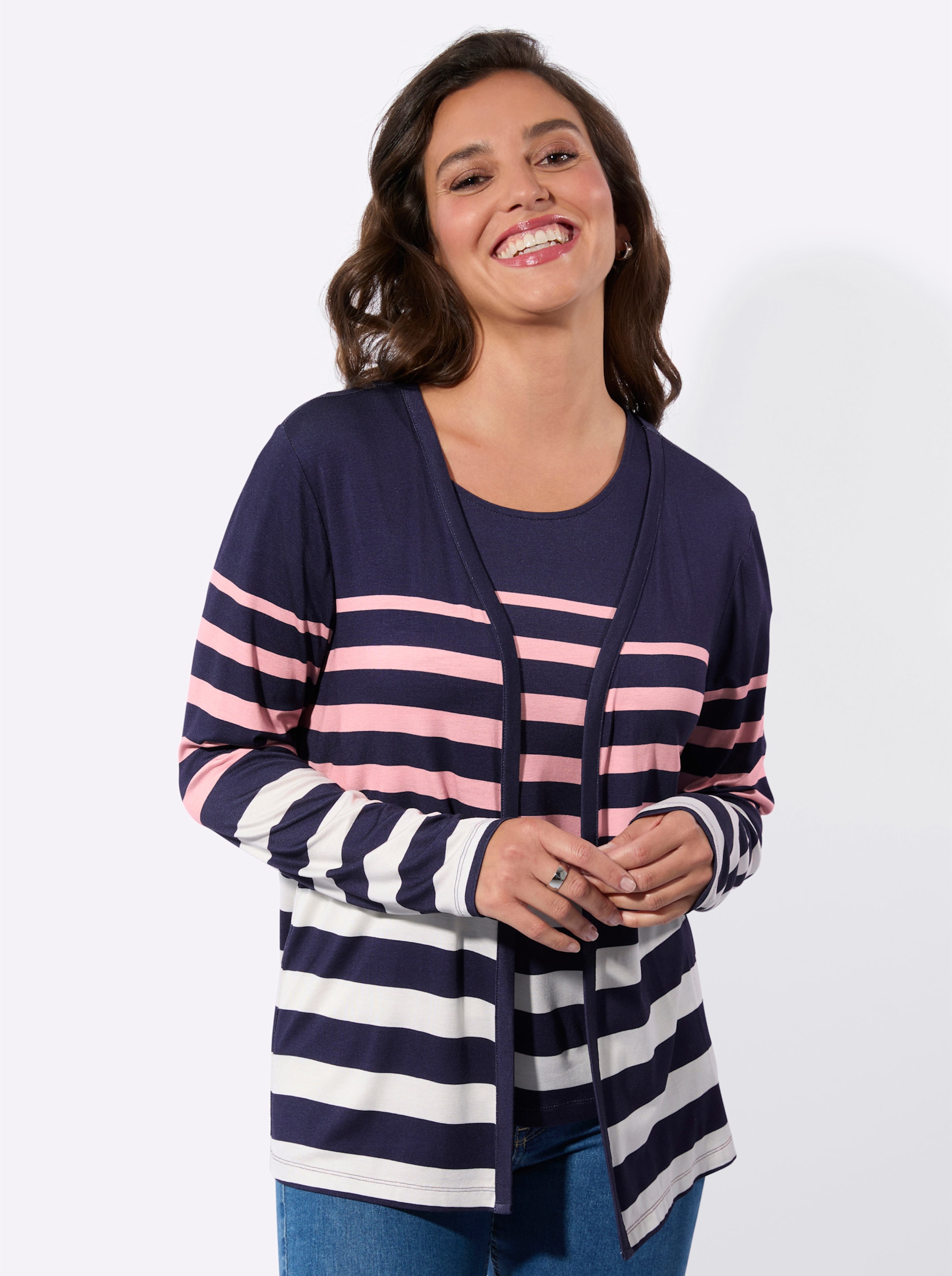 Casual Looks Damen Rosa/Dunkelblau T-Shirt "Shirt-Twinset", Gr. 36, Bunt (Marine, Rosé, Geringelt), 95% Viskose, 5% Elasthan, Gemustert, Gestreift, Mehrfarbig, Ru... - Bild 3