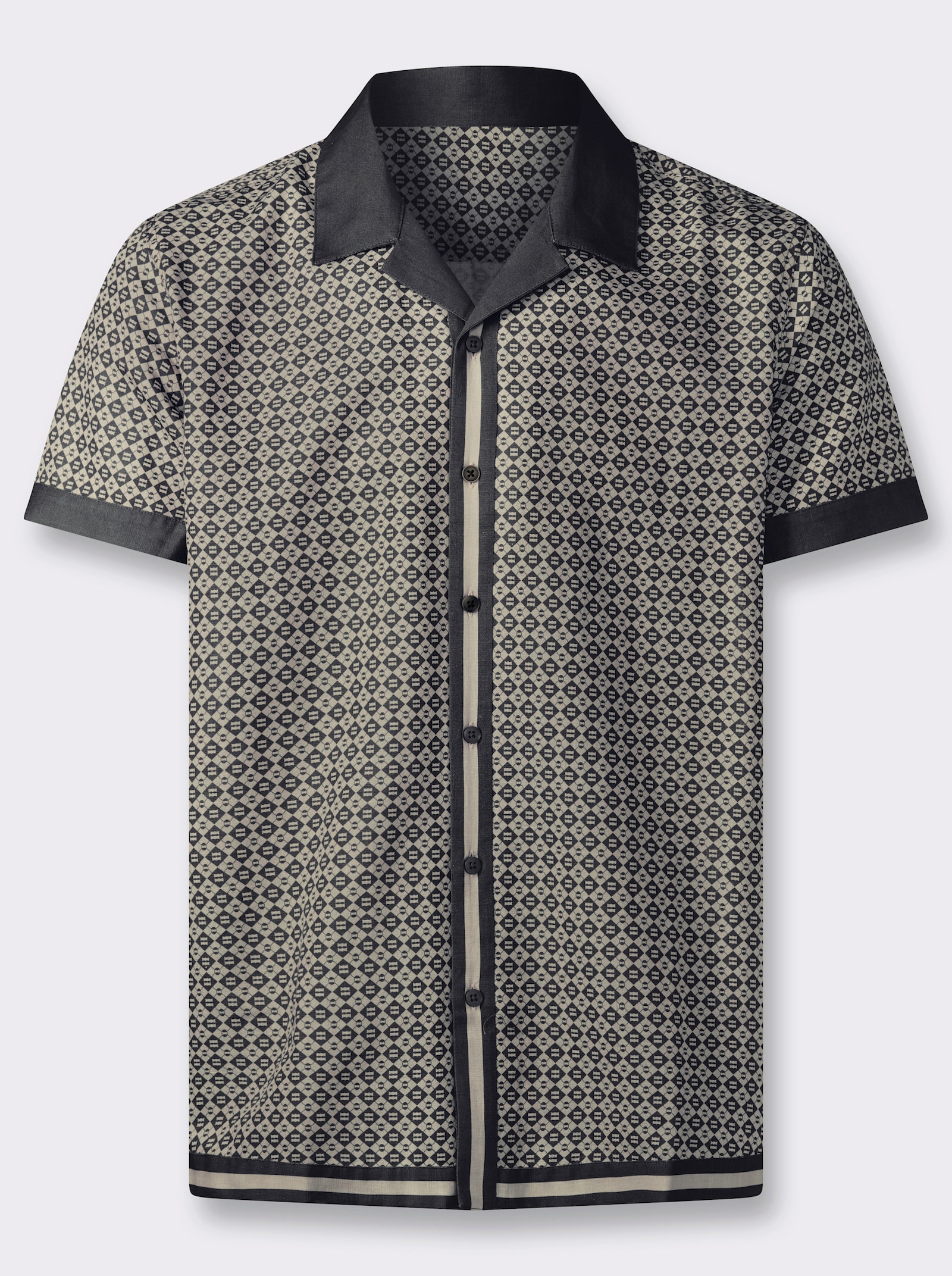 Marco Donati Kurzarmhemd mit Leinen-Anteil, bedruckt - schwarz-sand-gemustert