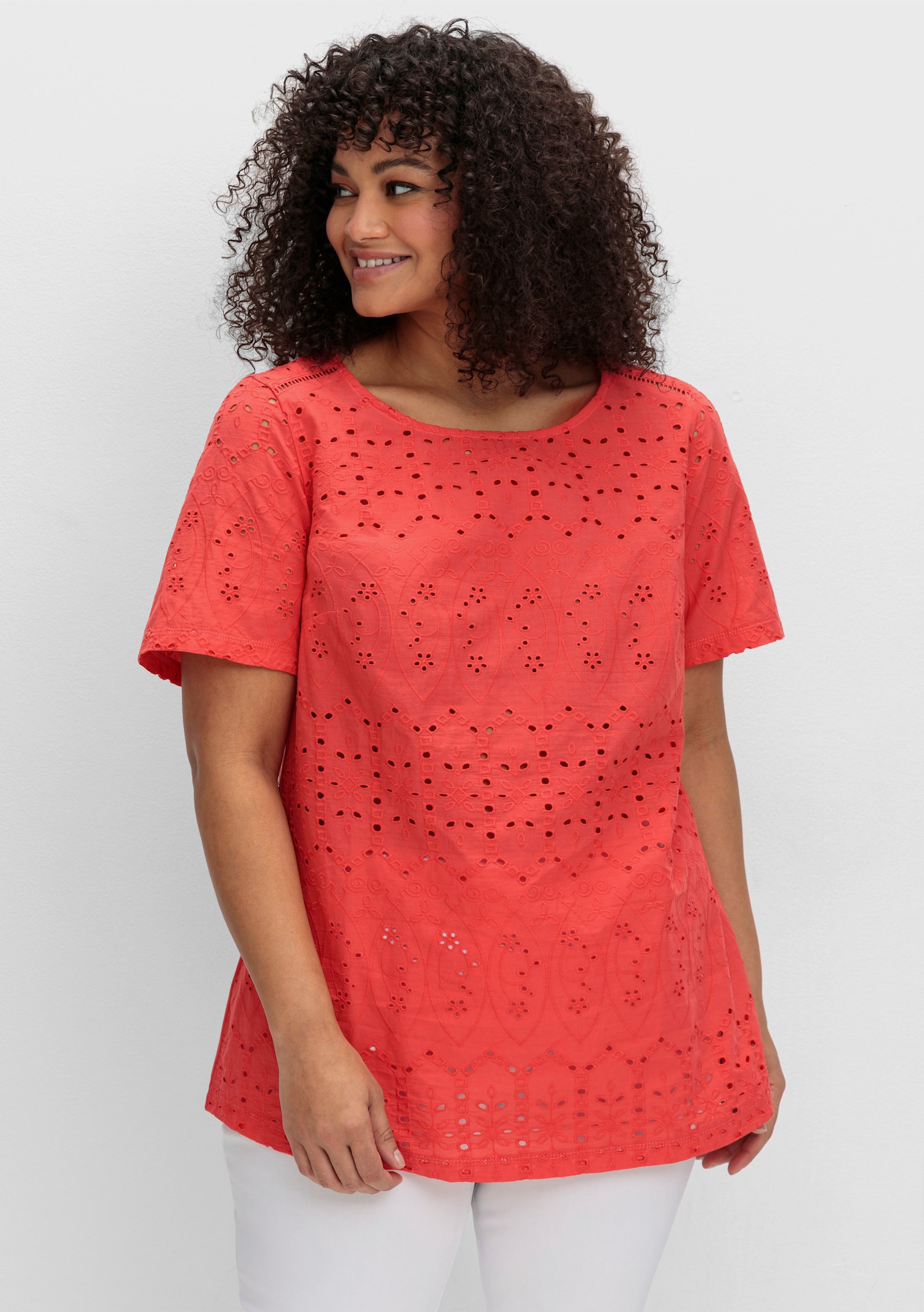 sheego by Joe Browns Shirt in materiaalmix, met ajourwerk - langoustine