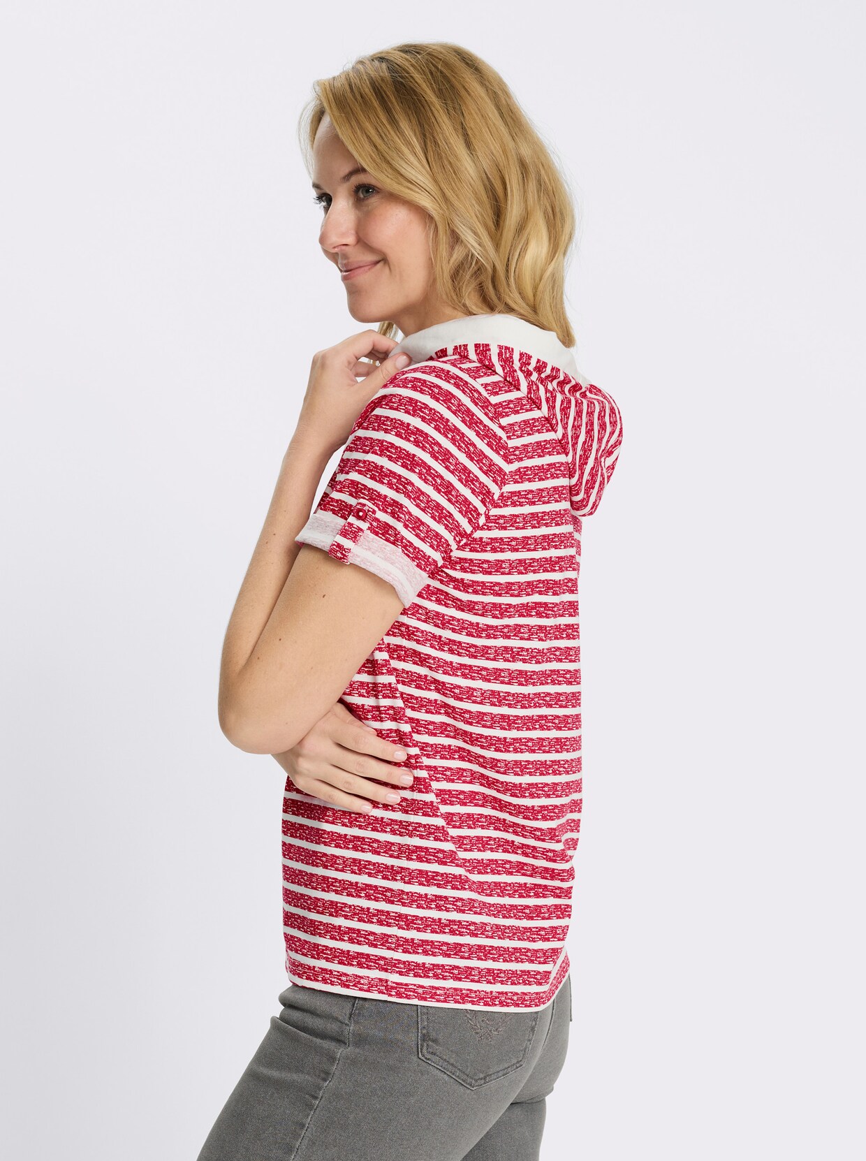 Tričko s kapucí s krátkými rukávy - červená-ecru-potisk