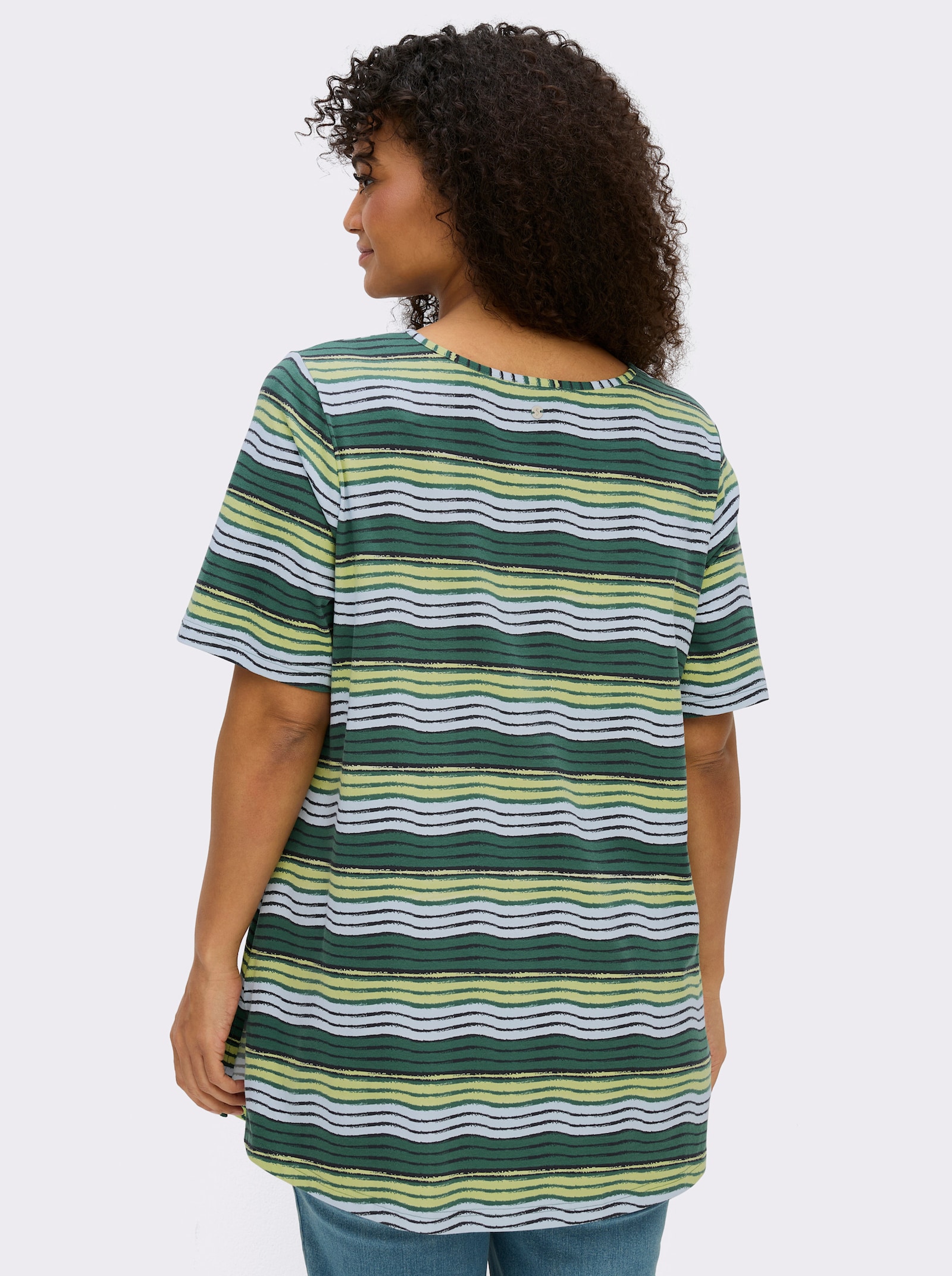 sheego Gestreept shirt met rimpeling bij de V-hals - mos/zwart gestreept