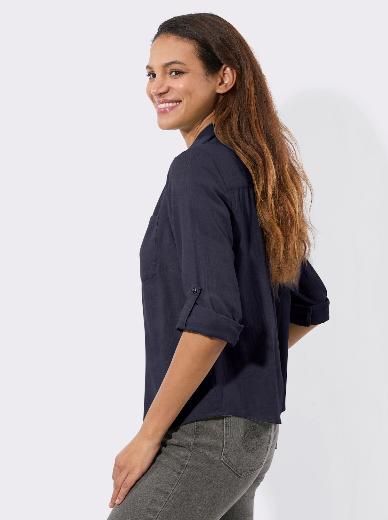 Flanellbluse mit Karomuster-Details - marine