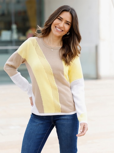 Ajourpullover mit Intarsien-Strickmuster - weiß-zitrone-gemustert