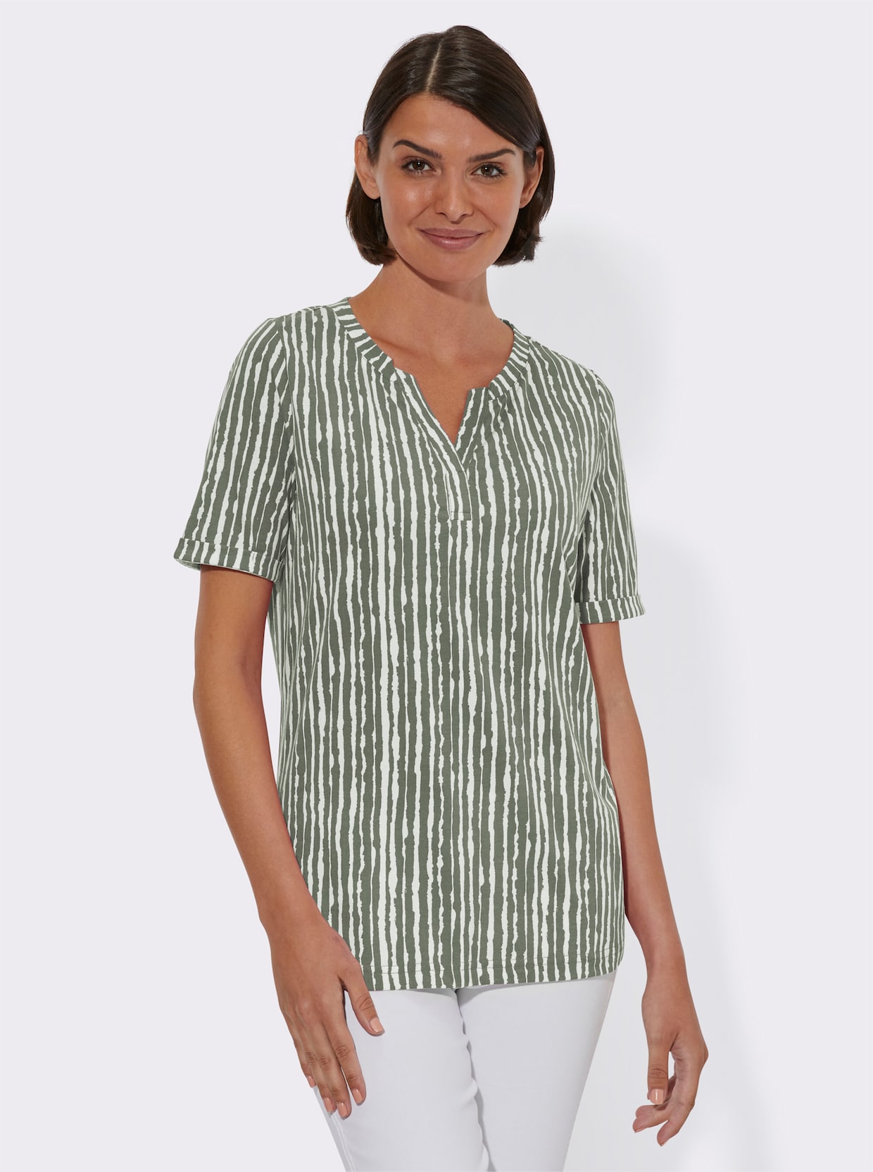 Shirt met ronde hals - kaki-wit gestreept