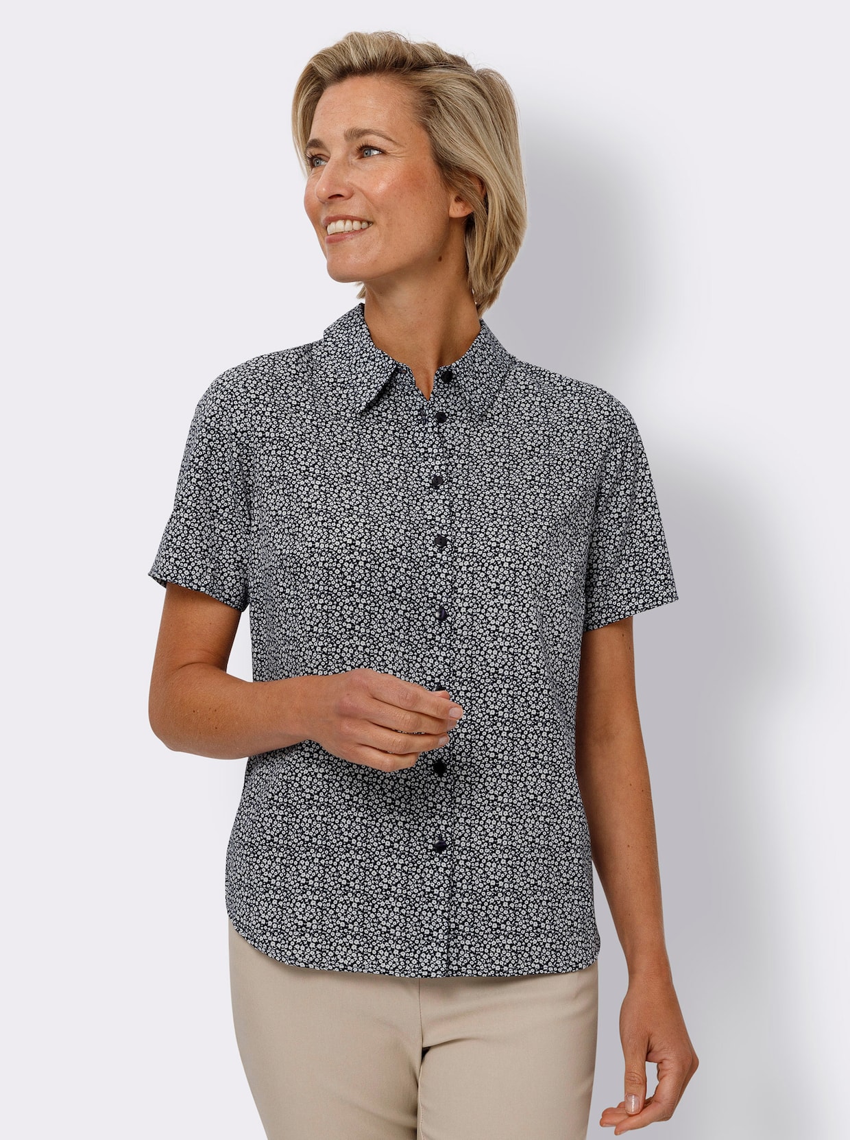 Kurzarm-Bluse - marine-weiß-bedruckt