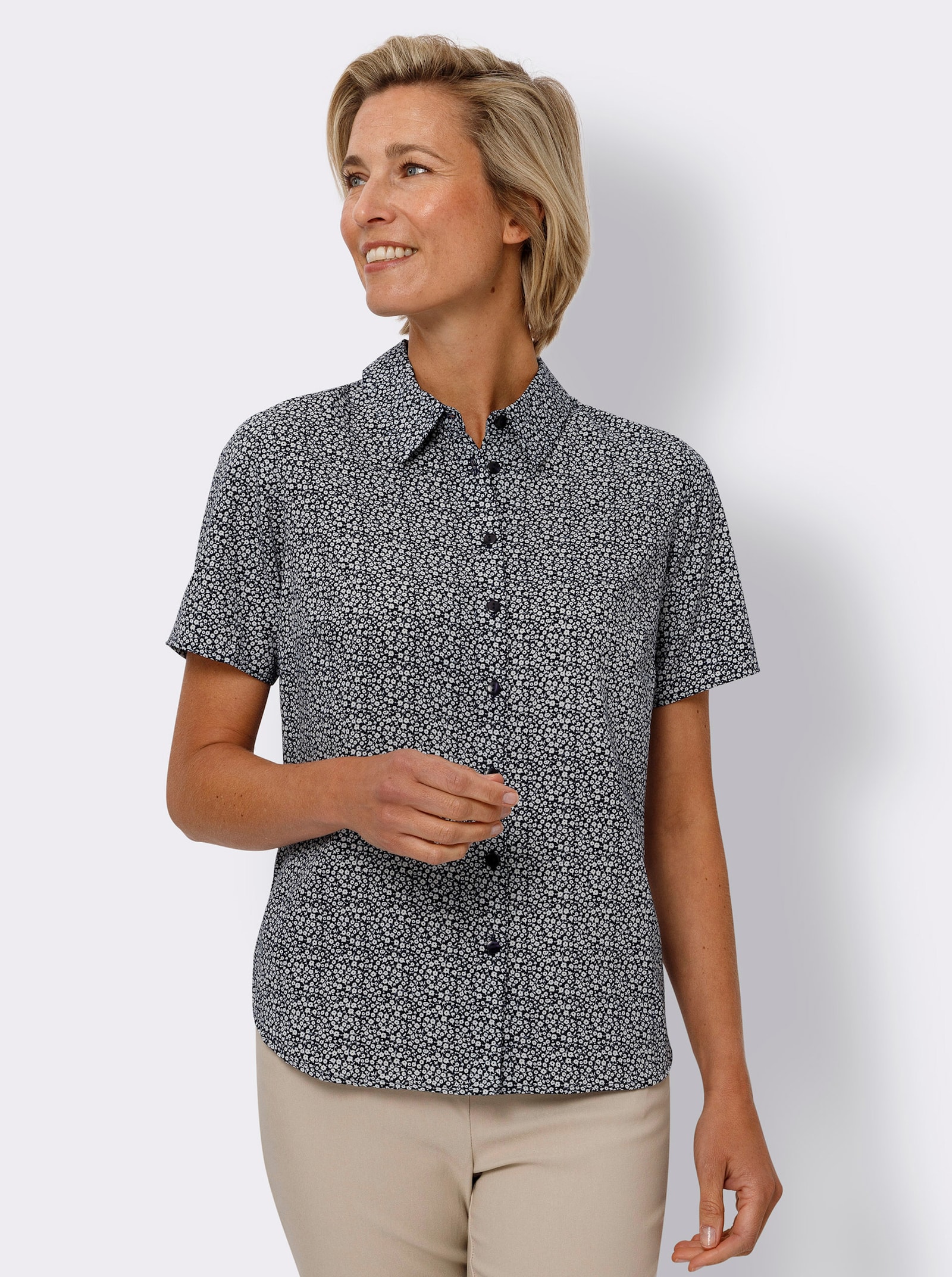 Halenka s krátkým rukávem a květinovým vzorem - námořnická modrá-bílá-potisk